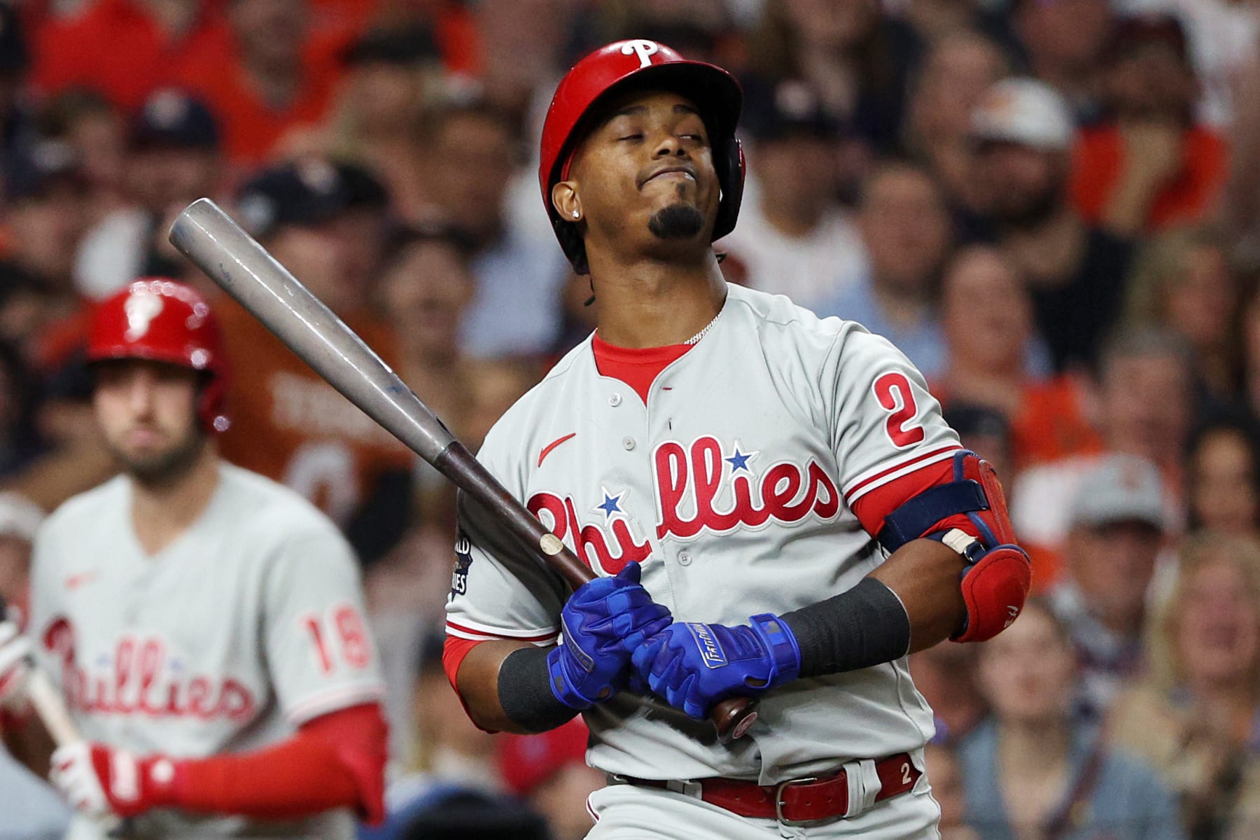 HOUSTON, TEXAS - NOVEMBER 05: Jean Segura #2 of the Philadelphia Phillies reacts after striking out against the Houston Astros during the second inning in Game Six of the 2022 World Series at Minute Maid Park on November 05, 2022 in Houston, Texas. (Photo by Harry How/Getty Images)