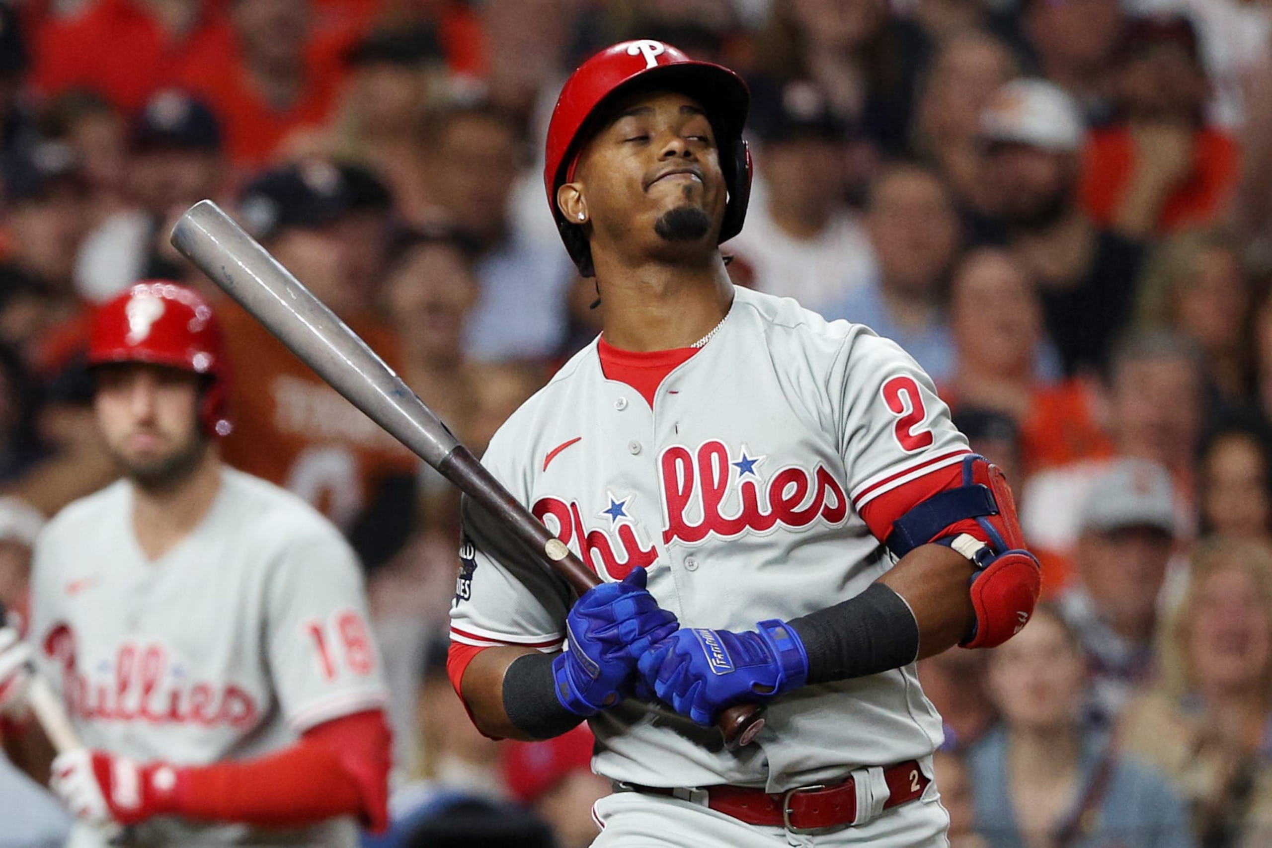 HOUSTON, TEXAS - NOVEMBER 05: Jean Segura #2 of the Philadelphia Phillies reacts after striking out against the Houston Astros during the second inning in Game Six of the 2022 World Series at Minute Maid Park on November 05, 2022 in Houston, Texas. (Photo by Harry How/Getty Images)