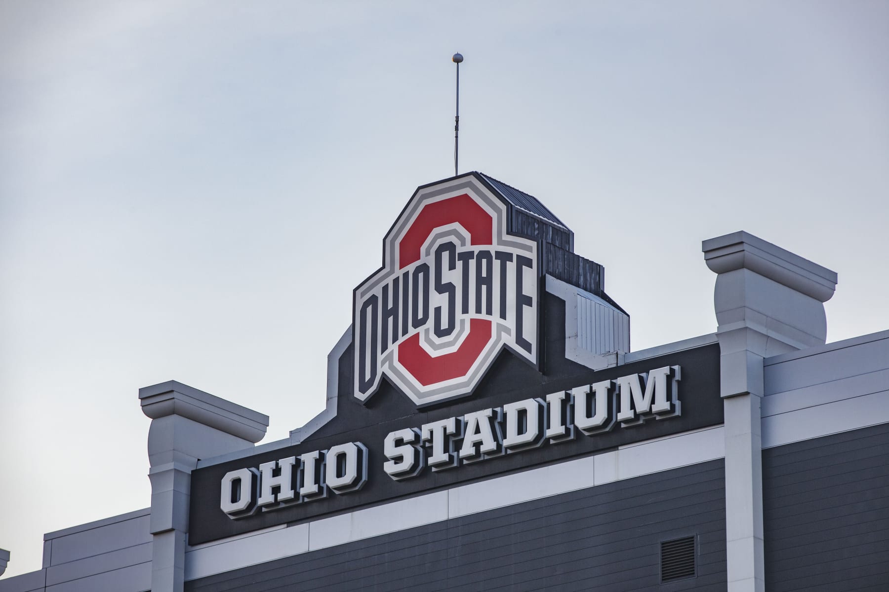COLUMBUS, OHIO, UNITED STATES - 2021/07/21: The Ohio State University logo at the top of the Ohio Stadium at sunset, during a summer day on The Ohio State University campus. (Photo by Stephen Zenner/SOPA Images/LightRocket via Getty Images)
