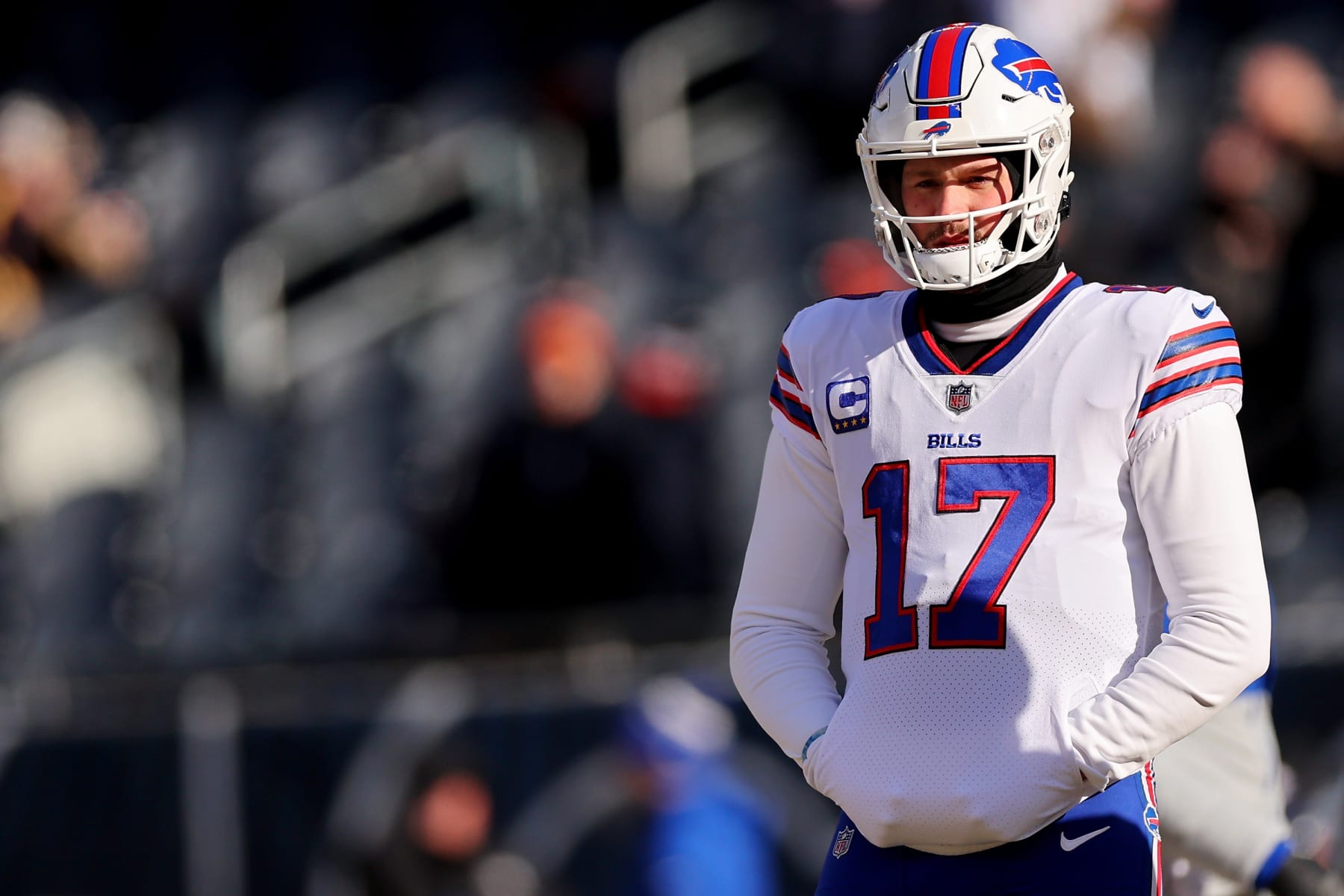 CHICAGO, ILLINOIS - DECEMBER 24: Josh Allen #17 of the Buffalo Bills warms up prior to the game against the Chicago Bears at Soldier Field on December 24, 2022 in Chicago, Illinois. (Photo by Michael Reaves/Getty Images)