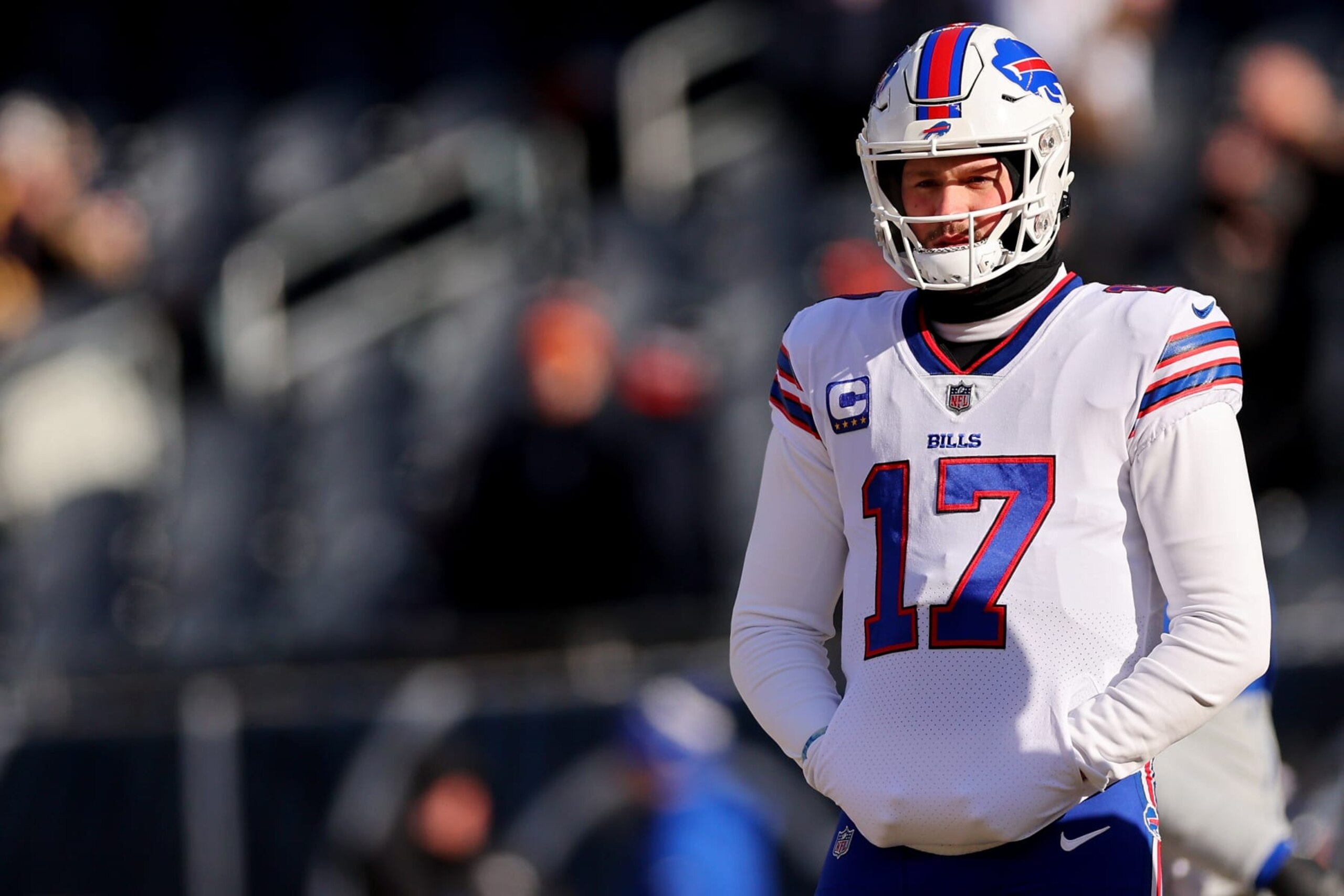 CHICAGO, ILLINOIS - DECEMBER 24: Josh Allen #17 of the Buffalo Bills warms up prior to the game against the Chicago Bears at Soldier Field on December 24, 2022 in Chicago, Illinois. (Photo by Michael Reaves/Getty Images) CHICAGO, ILLINOIS - DECEMBER 24: Josh Allen #17 of the Buffalo Bills warms up prior to the game against the Chicago Bears at Soldier Field on December 24, 2022 in Chicago, Illinois. (Photo by Michael Reaves/Getty Images)