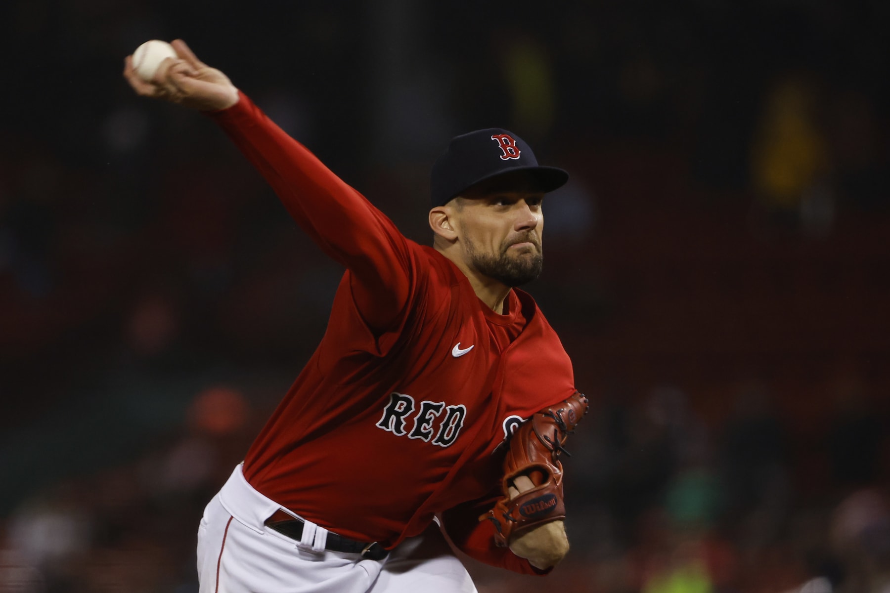 BOSTON, MA - OCTOBER 4: Nathan Eovaldi #17 of the Boston Red Sox pitches against the Tampa Bay Rays during the second inning at Fenway Park on October 4, 2022 in Boston, Massachusetts. (Photo By Winslow Townson/Getty Images)