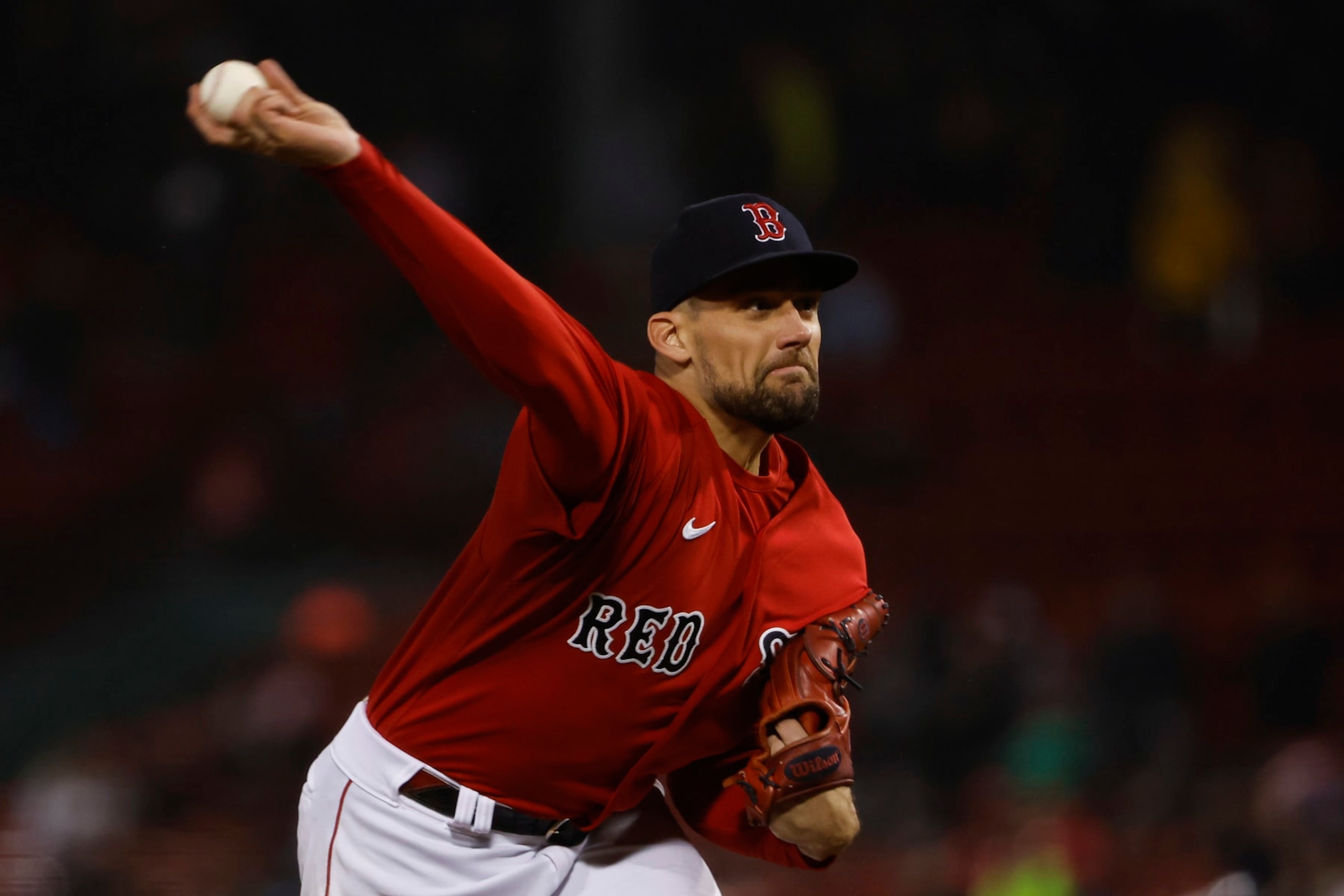 BOSTON, MA - OCTOBER 4: Nathan Eovaldi #17 of the Boston Red Sox pitches against the Tampa Bay Rays during the second inning at Fenway Park on October 4, 2022 in Boston, Massachusetts. (Photo By Winslow Townson/Getty Images)