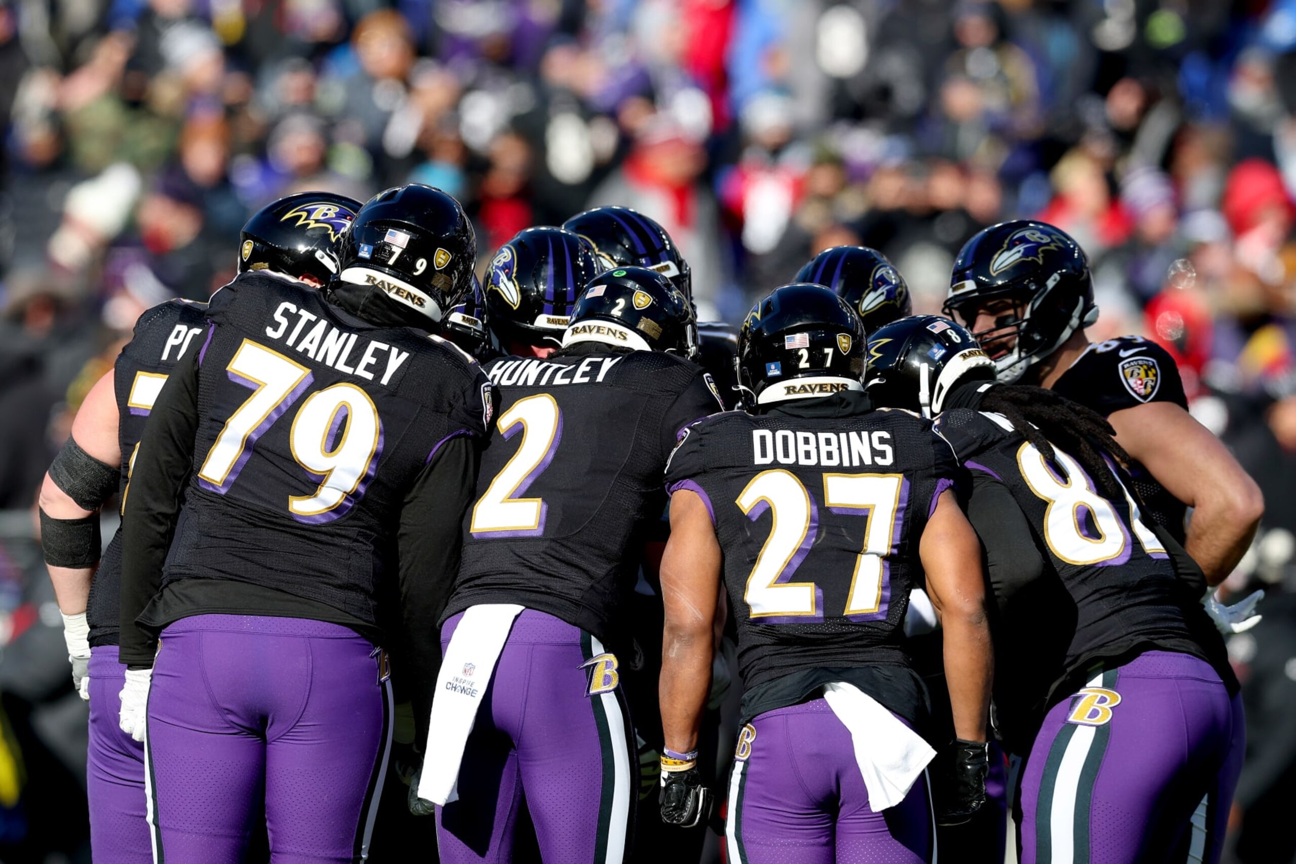 BALTIMORE, MARYLAND - DECEMBER 24: Tyler Huntley #2 of the Baltimore Ravens in the huddle with teammates during the first quarter of the game against the Atlanta Falcons at M&T Bank Stadium on December 24, 2022 in Baltimore, Maryland. (Photo by Todd Olszewski/Getty Images) BALTIMORE, MARYLAND - DECEMBER 24: Tyler Huntley #2 of the Baltimore Ravens in the huddle with teammates during the first quarter of the game against the Atlanta Falcons at M&T Bank Stadium on December 24, 2022 in Baltimore, Maryland. (Photo by Todd Olszewski/Getty Images)