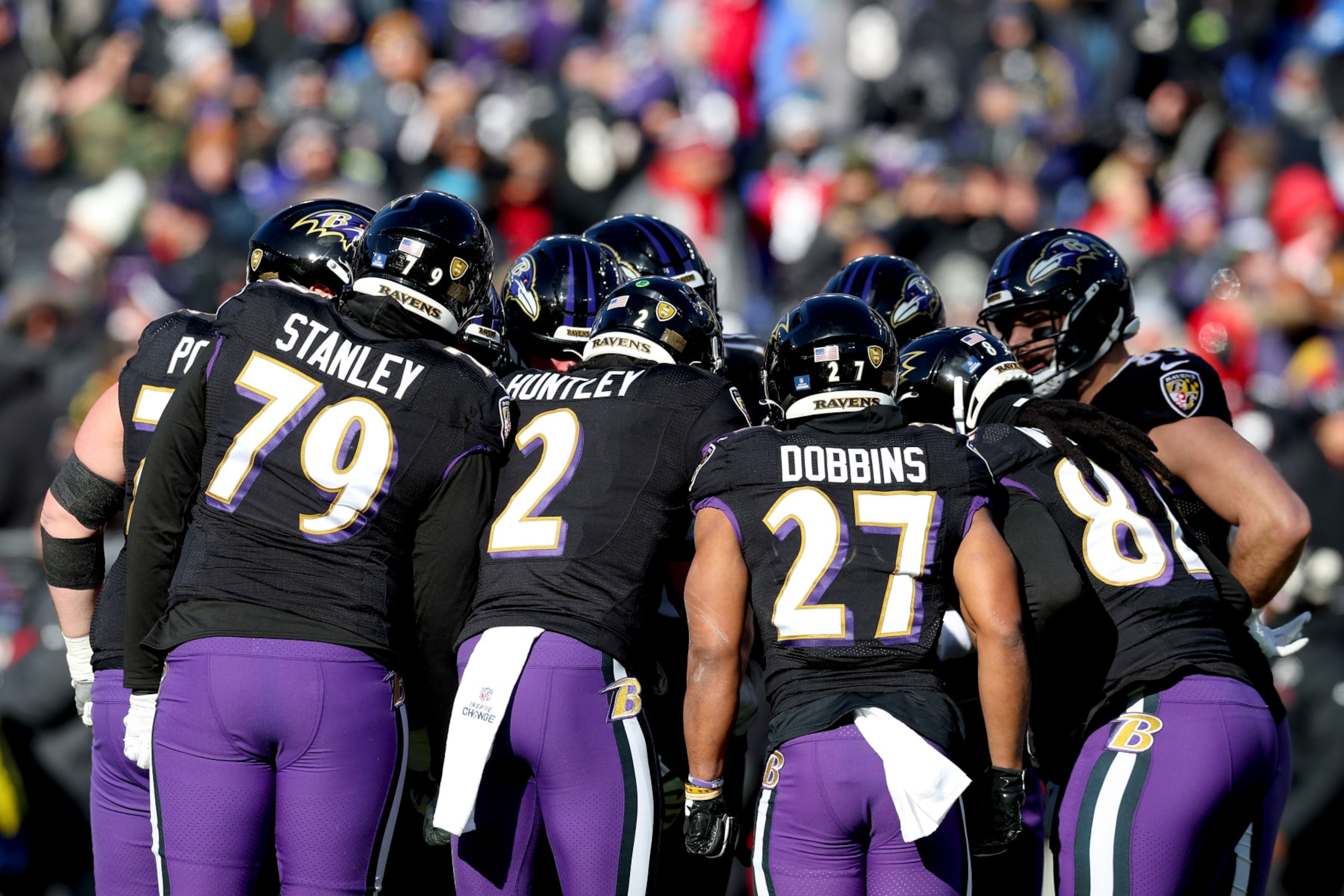 BALTIMORE, MARYLAND - DECEMBER 24: Tyler Huntley #2 of the Baltimore Ravens in the huddle with teammates during the first quarter of the game against the Atlanta Falcons at M&T Bank Stadium on December 24, 2022 in Baltimore, Maryland. (Photo by Todd Olszewski/Getty Images)