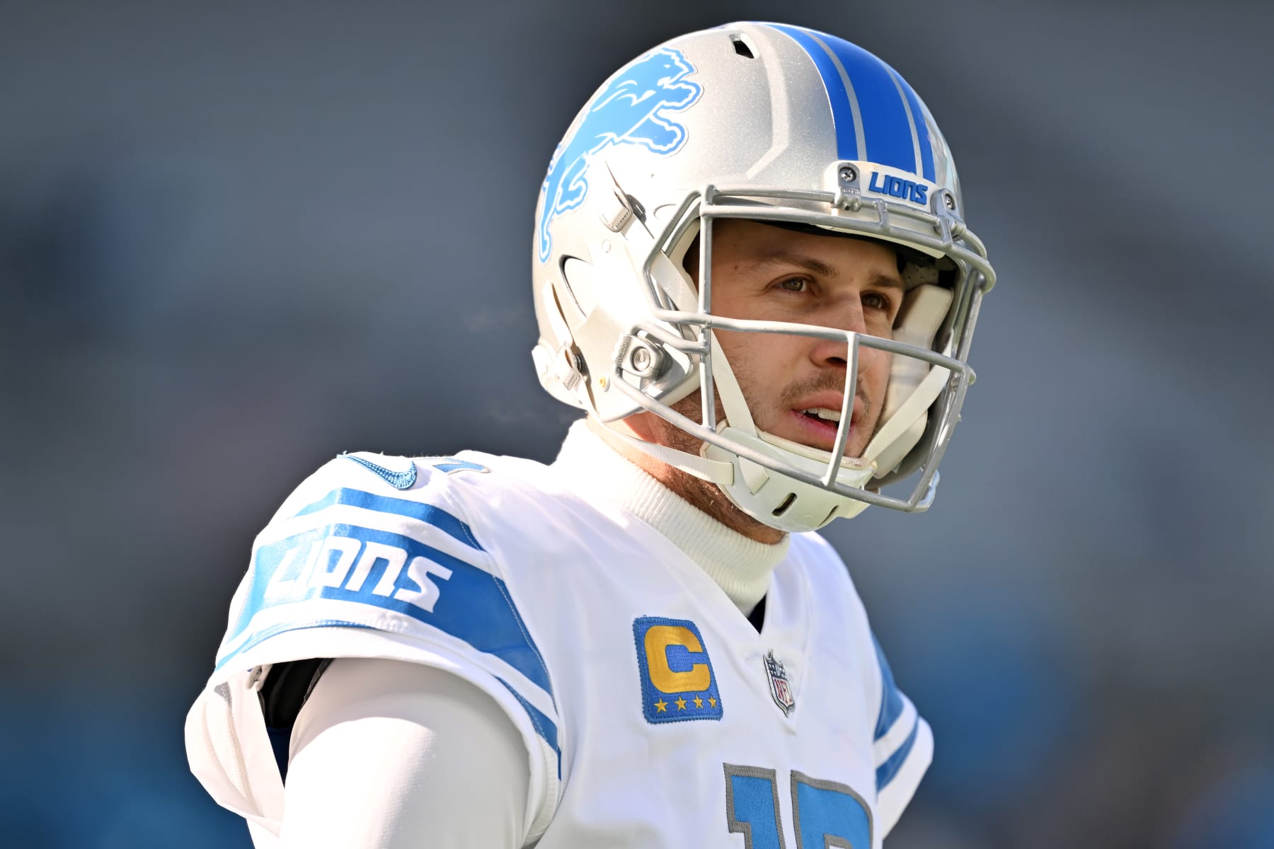 CHARLOTTE, NORTH CAROLINA - DECEMBER 24: Jared Goff #16 of the Detroit Lions warms up prior to a game against the Carolina Panthers at Bank of America Stadium on December 24, 2022 in Charlotte, North Carolina. (Photo by Grant Halverson/Getty Images)