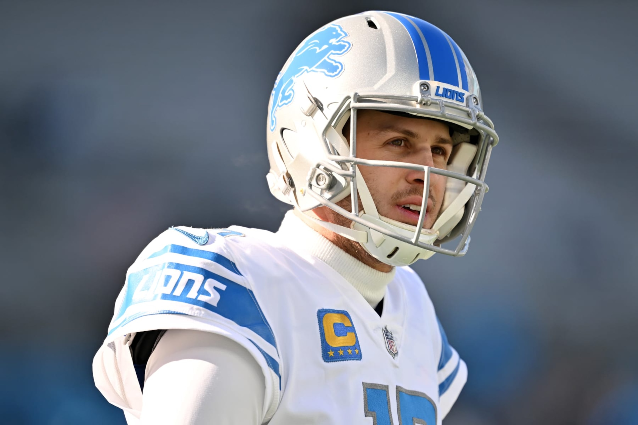 CHARLOTTE, NORTH CAROLINA - DECEMBER 24: Jared Goff #16 of the Detroit Lions warms up prior to a game against the Carolina Panthers at Bank of America Stadium on December 24, 2022 in Charlotte, North Carolina. (Photo by Grant Halverson/Getty Images)
