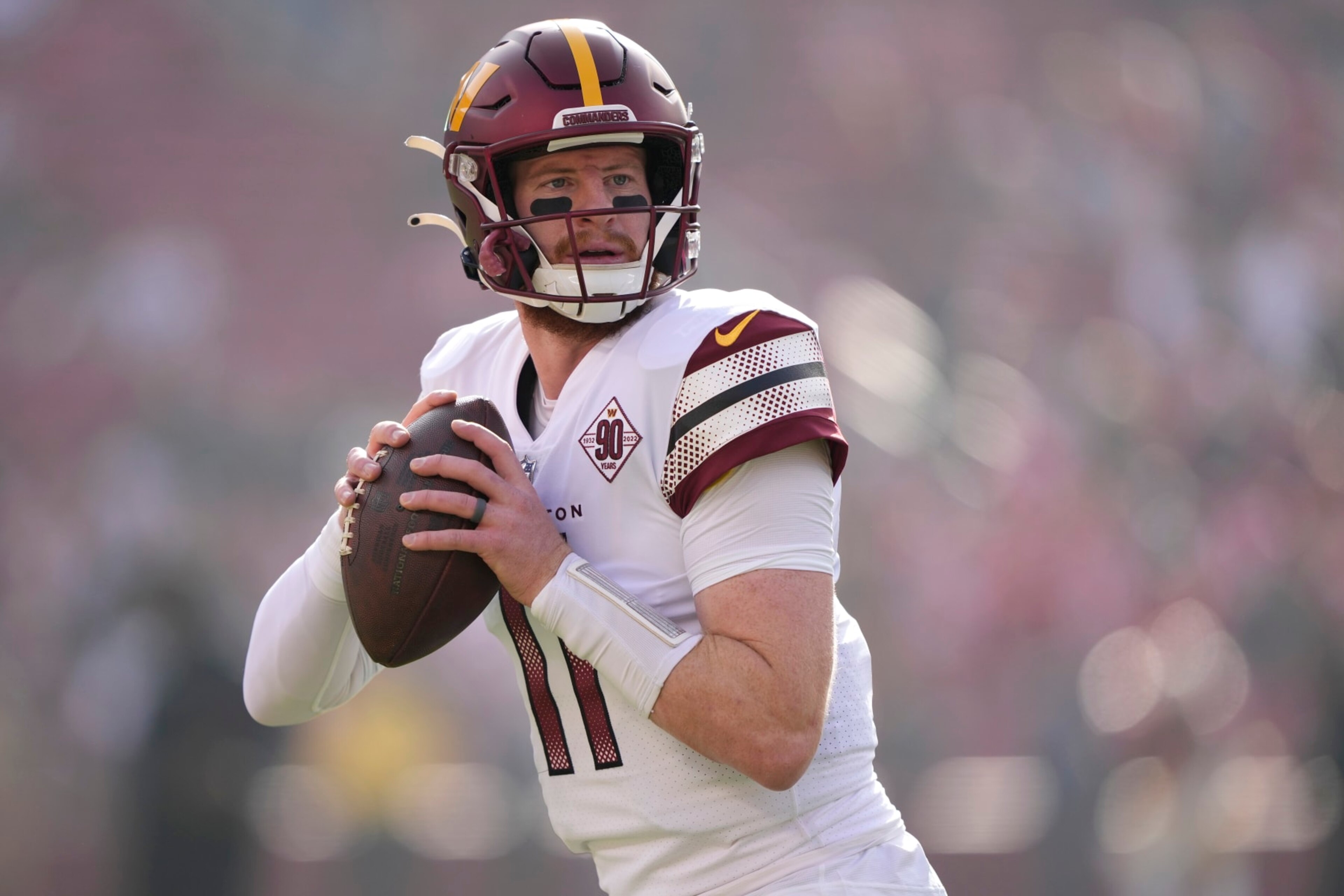 SANTA CLARA, CALIFORNIA - DECEMBER 24: Carson Wentz #11 of the Washington Commanders warms up prior to a game against the San Francisco 49ers at Levi's Stadium on December 24, 2022 in Santa Clara, California. (Photo by Thearon W. Henderson/Getty Images) SANTA CLARA, CALIFORNIA - DECEMBER 24: Carson Wentz #11 of the Washington Commanders warms up prior to a game against the San Francisco 49ers at Levi's Stadium on December 24, 2022 in Santa Clara, California. (Photo by Thearon W. Henderson/Getty Images)