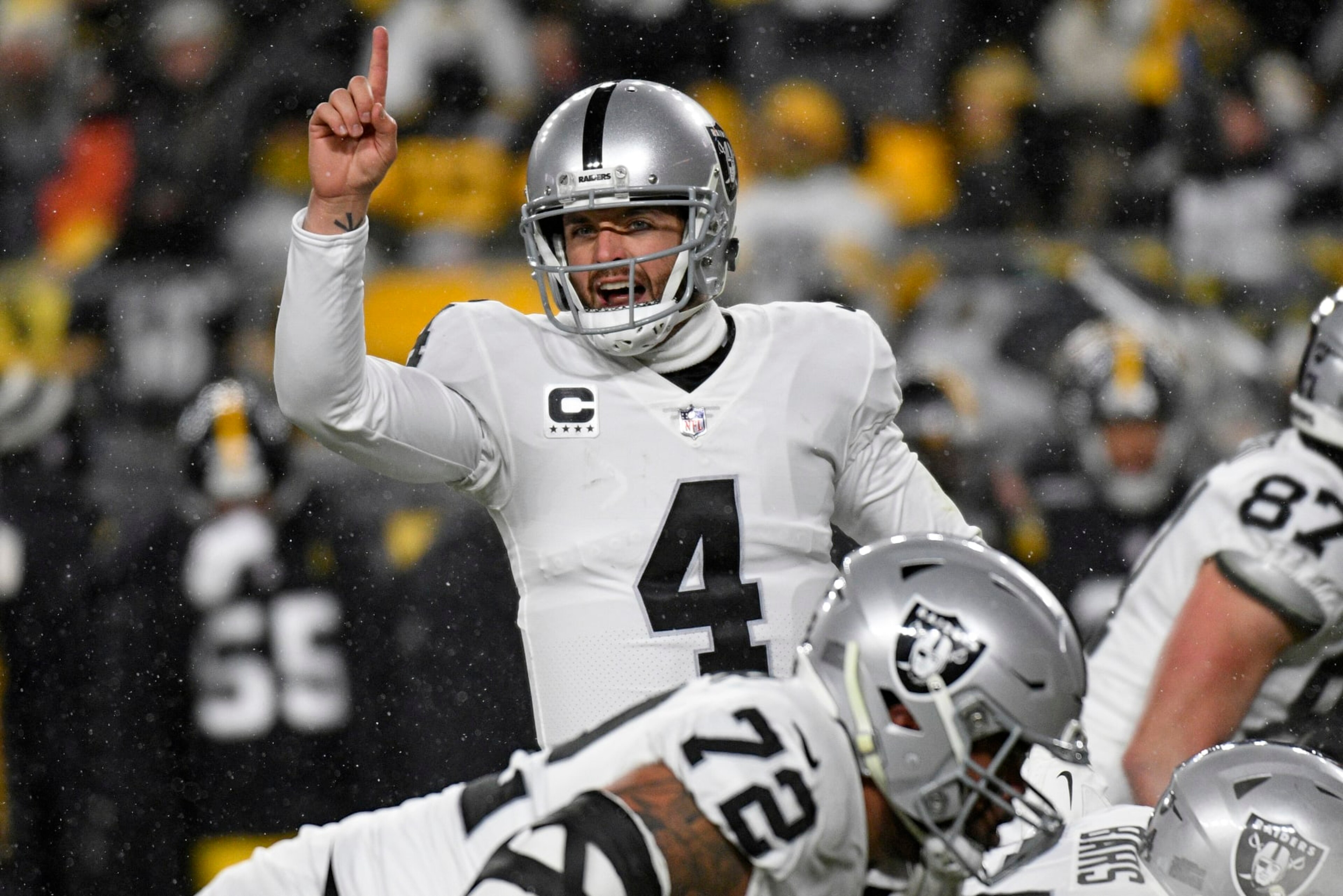 Las Vegas Raiders quarterback Derek Carr (4) calls signals during the first half of an NFL football game against the Pittsburgh Steelers in Pittsburgh, Saturday, Dec. 24, 2022. (AP Photo/Don Wright) Las Vegas Raiders quarterback Derek Carr (4) calls signals during the first half of an NFL football game against the Pittsburgh Steelers in Pittsburgh, Saturday, Dec. 24, 2022. (AP Photo/Don Wright)