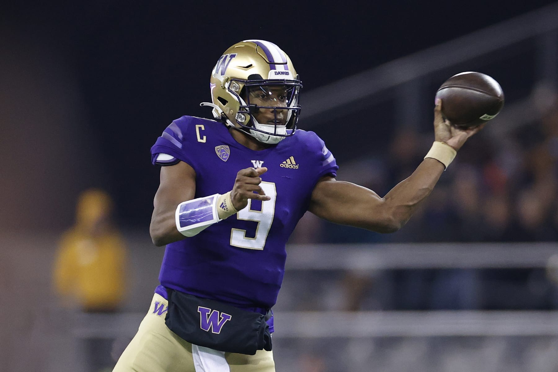 SEATTLE, WASHINGTON - NOVEMBER 19: Michael Penix Jr. #9 of the Washington Huskies passes during the second quarter against the Colorado Buffaloes at Husky Stadium on November 19, 2022 in Seattle, Washington. (Photo by Steph Chambers/Getty Images)