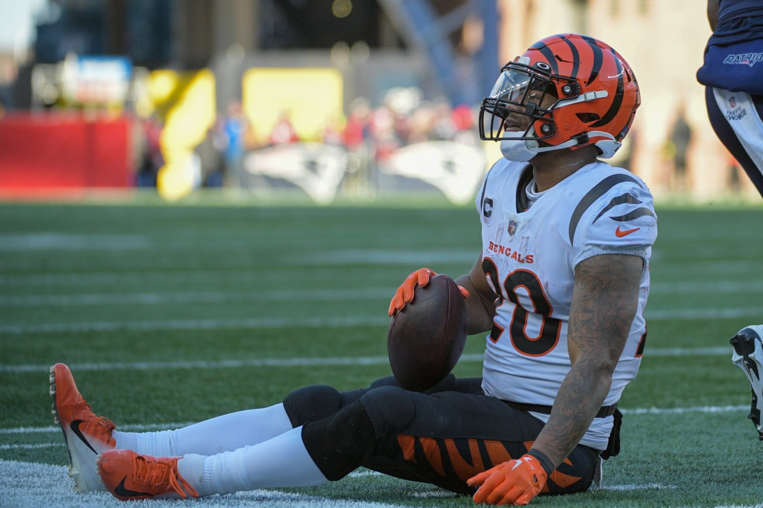 FOXBOROUGH, MA - DECEMBER 24: Cincinnati Bengals cornerback Eli Apple (20) reacts during a game between the New England Patriots and the Cincinnati Bengals on December 24, 2022, at Gillette Stadium in Foxborough, Massachusetts. (Photo by Erica Denhoff/Icon Sportswire via Getty Images)