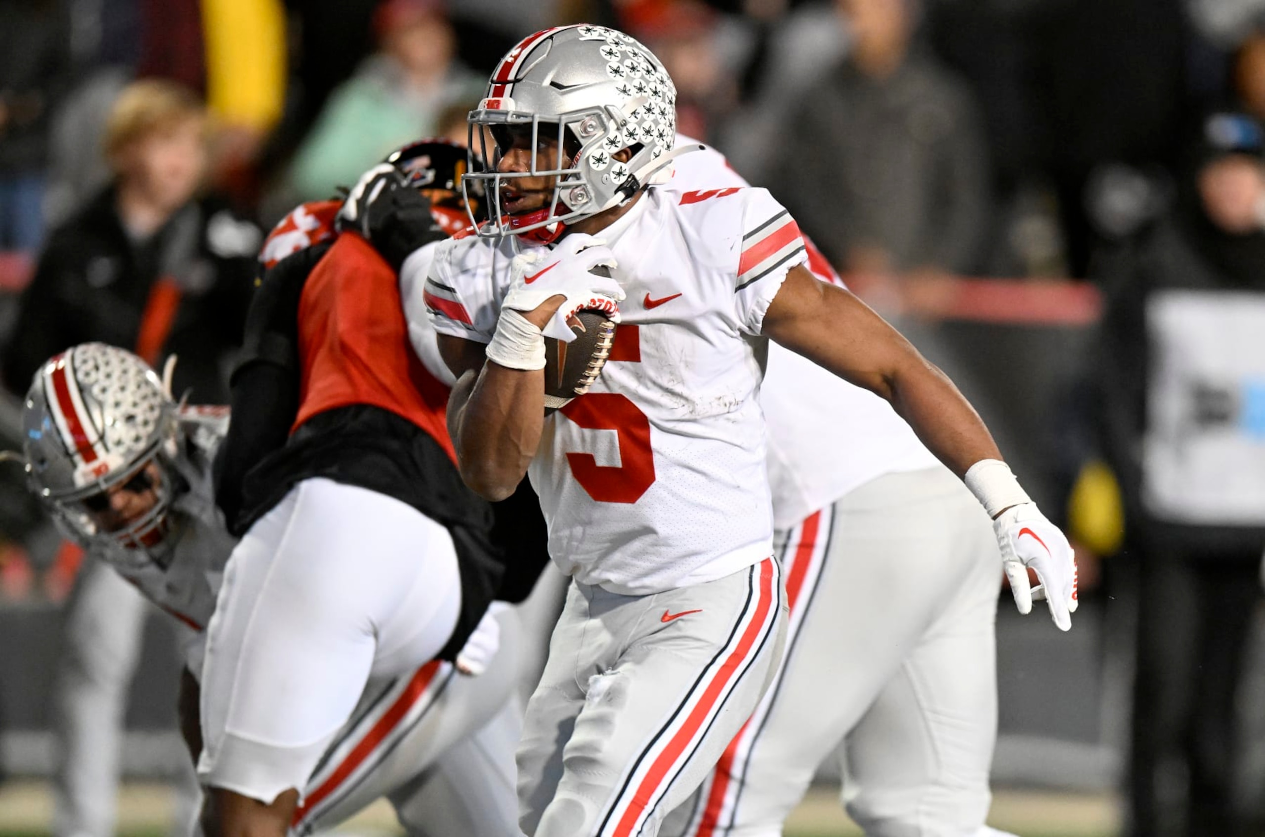 COLLEGE PARK, MARYLAND - NOVEMBER 19: Dallan Hayden #5 of the Ohio State Buckeyes scores a touchdown in the third quarter against the Maryland Terrapins at SECU Stadium on November 19, 2022 in College Park, Maryland. (Photo by G Fiume/Getty Images)