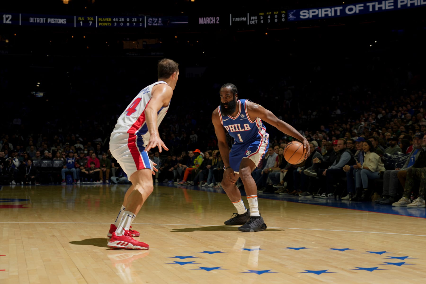 PHILADELPHIA, PA - DECEMBER 21: James Harden #1 of the Philadelphia 76ers dribbles the ball during the game against the Detroit Pistons on December 21, 2022 at the Wells Fargo Center in Philadelphia, Pennsylvania NOTE TO USER: User expressly acknowledges and agrees that, by downloading and/or using this Photograph, user is consenting to the terms and conditions of the Getty Images License Agreement. Mandatory Copyright Notice: Copyright 2022 NBAE (Photo by Jesse D. Garrabrant/NBAE via Getty Images)