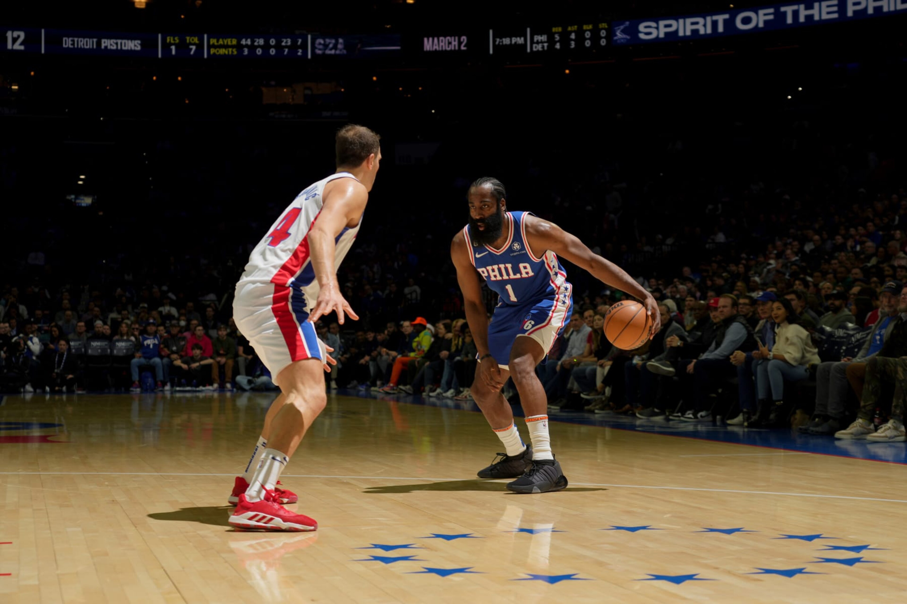 PHILADELPHIA, PA - DECEMBER 21: James Harden #1 of the Philadelphia 76ers dribbles the ball during the game against the Detroit Pistons on December 21, 2022 at the Wells Fargo Center in Philadelphia, Pennsylvania NOTE TO USER: User expressly acknowledges and agrees that, by downloading and/or using this Photograph, user is consenting to the terms and conditions of the Getty Images License Agreement. Mandatory Copyright Notice: Copyright 2022 NBAE (Photo by Jesse D. Garrabrant/NBAE via Getty Images) PHILADELPHIA, PA - DECEMBER 21: James Harden #1 of the Philadelphia 76ers dribbles the ball during the game against the Detroit Pistons on December 21, 2022 at the Wells Fargo Center in Philadelphia, Pennsylvania NOTE TO USER: User expressly acknowledges and agrees that, by downloading and/or using this Photograph, user is consenting to the terms and conditions of the Getty Images License Agreement. Mandatory Copyright Notice: Copyright 2022 NBAE (Photo by Jesse D. Garrabrant/NBAE via Getty Images)