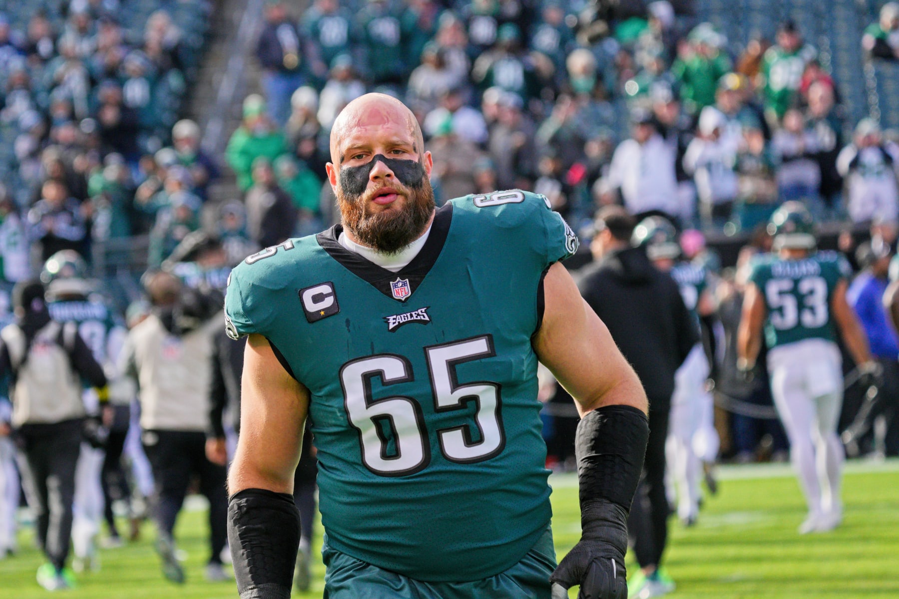 PHILADELPHIA, PA - DECEMBER 04: Philadelphia Eagles offensive tackle Lane Johnson (65) looks on during the game between the Tennessee Titans and the Philadelphia Eagles on December 4, 2022 at Lincoln Financial Field in Philadelphia, PA. (Photo by Andy Lewis/Icon Sportswire via Getty Images)