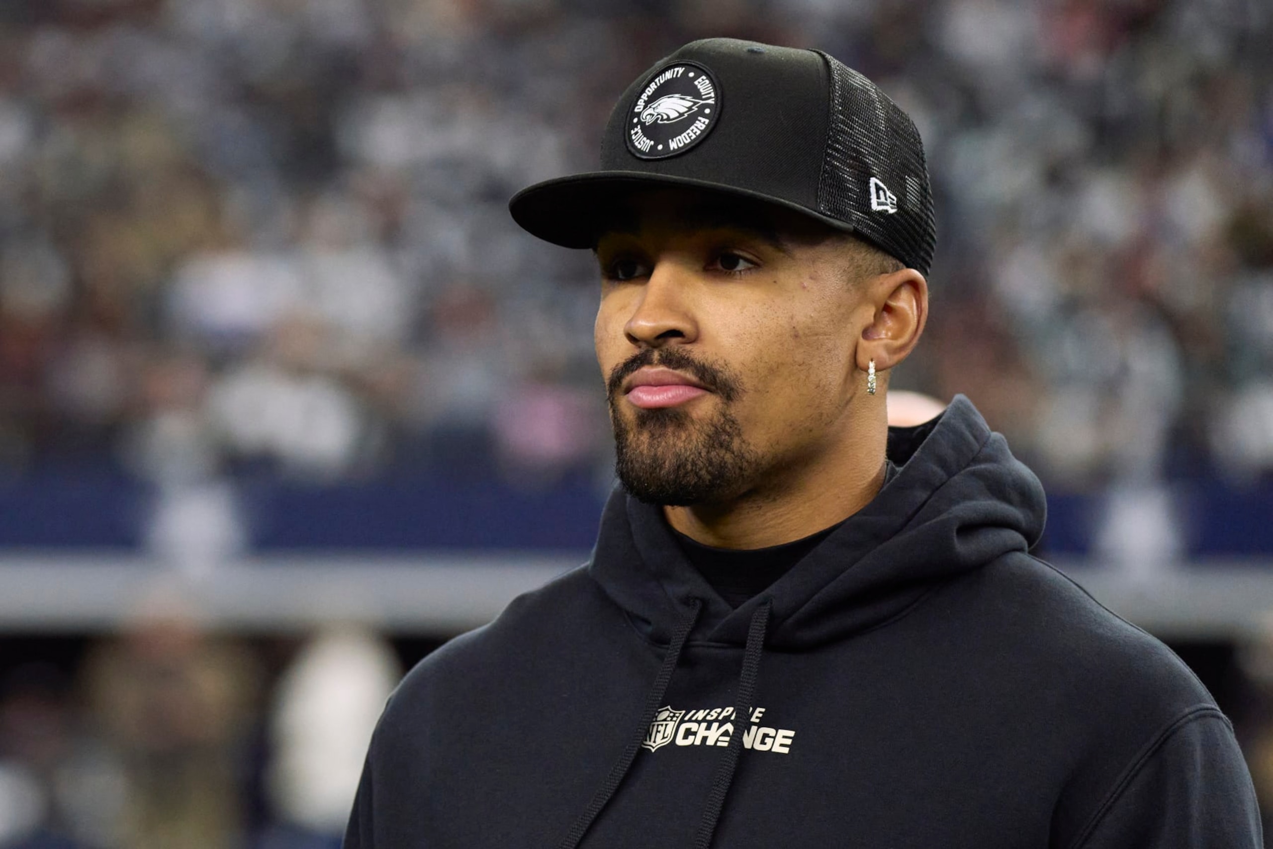 ARLINGTON, TX - DECEMBER 24: Quarterback Jalen Hurts #1 of the Philadelphia Eagles looks on before kickoff against the Dallas Cowboys at AT&T Stadium on December 24, 2022 in Arlington, Texas. (Photo by Cooper Neill/Getty Images)