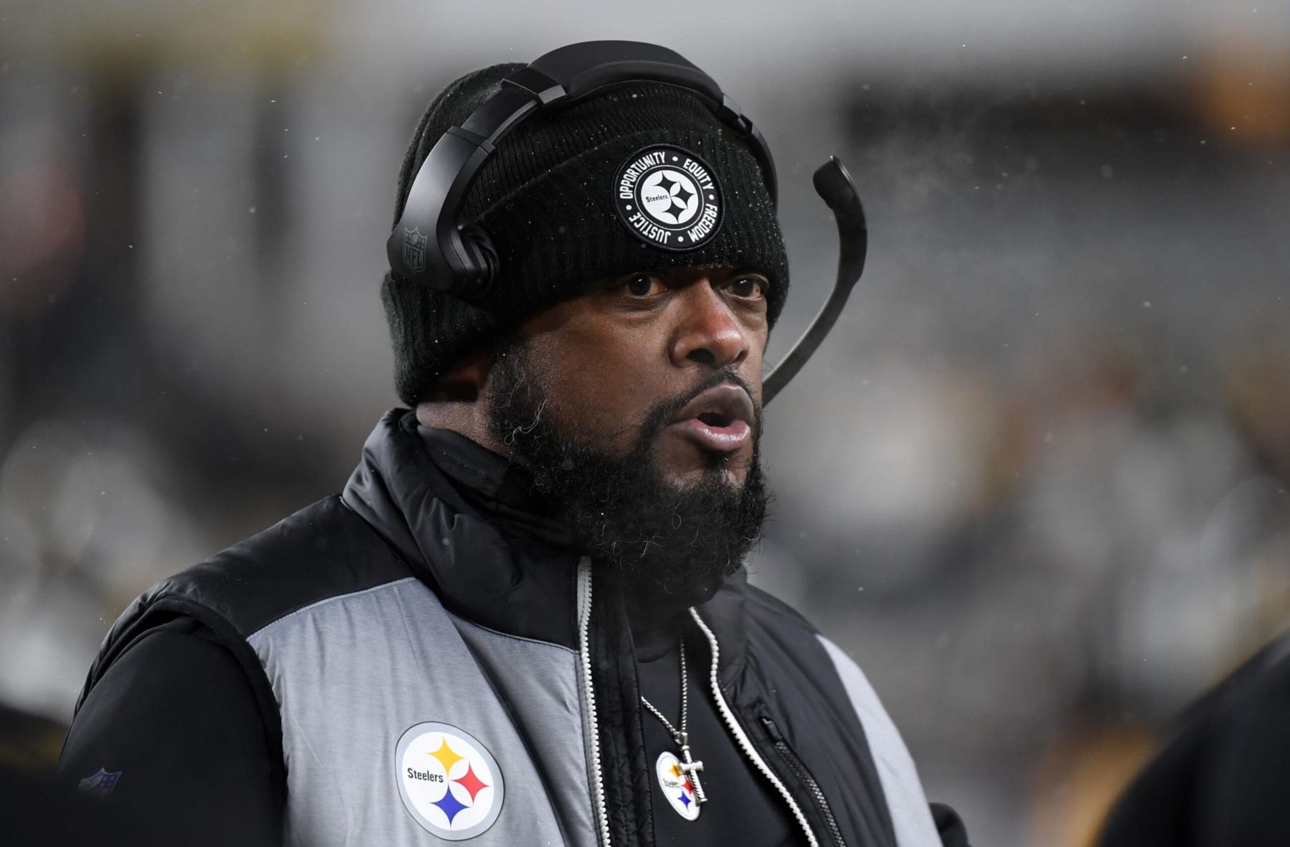 PITTSBURGH, PENNSYLVANIA - DECEMBER 24: Head coach Mike Tomlin # of the Pittsburgh Steelers on the sidelines during the fourth quarter against the Las Vegas Raiders at Acrisure Stadium on December 24, 2022 in Pittsburgh, Pennsylvania. (Photo by Justin Berl/Getty Images)