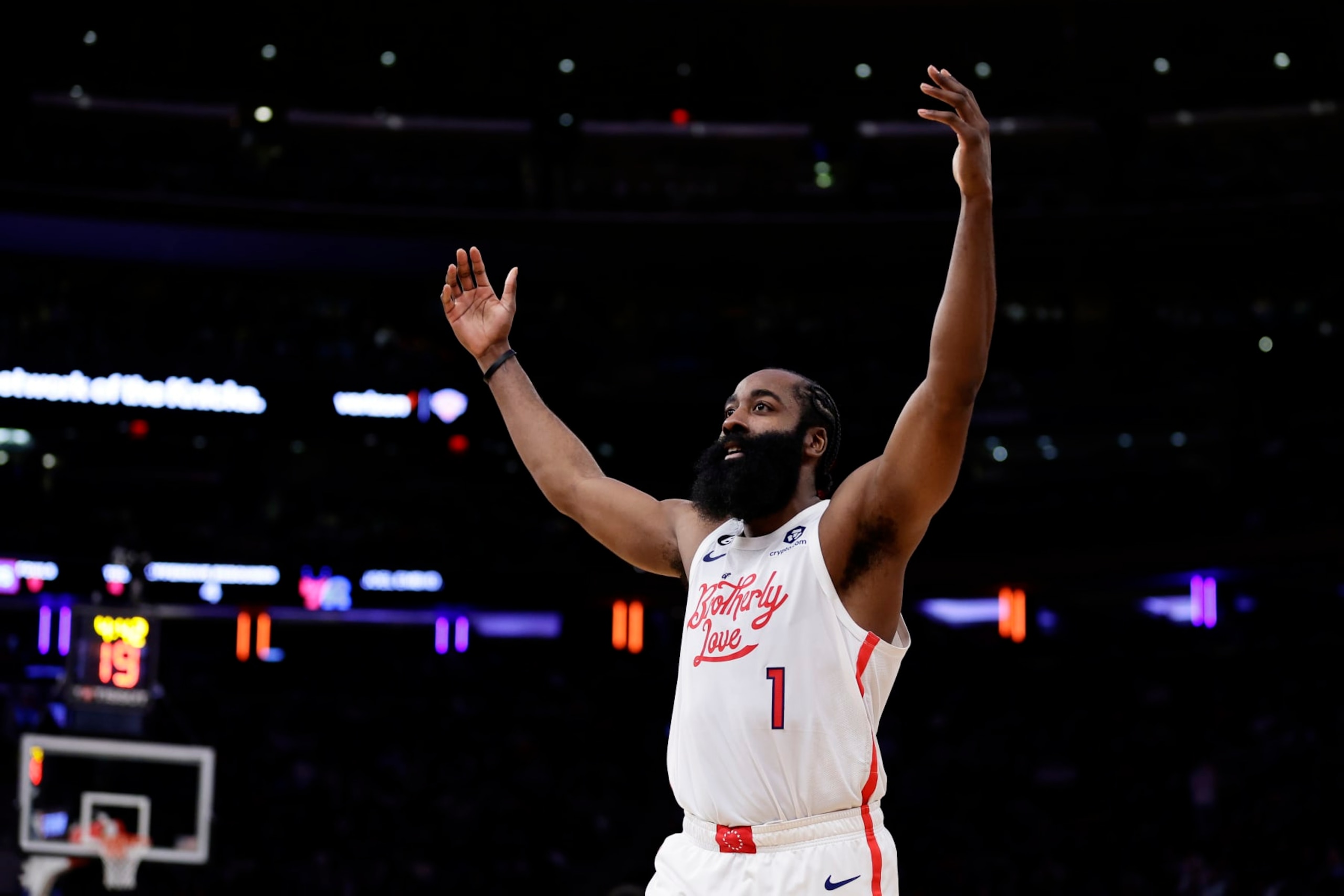 Philadelphia 76ers guard James Harden (1) reacts against the New York Knicks during the second half of an NBA basketball game Sunday, Dec. 25, 2022, in New York. The 76ers won 119-112. (AP Photo/Adam Hunger)