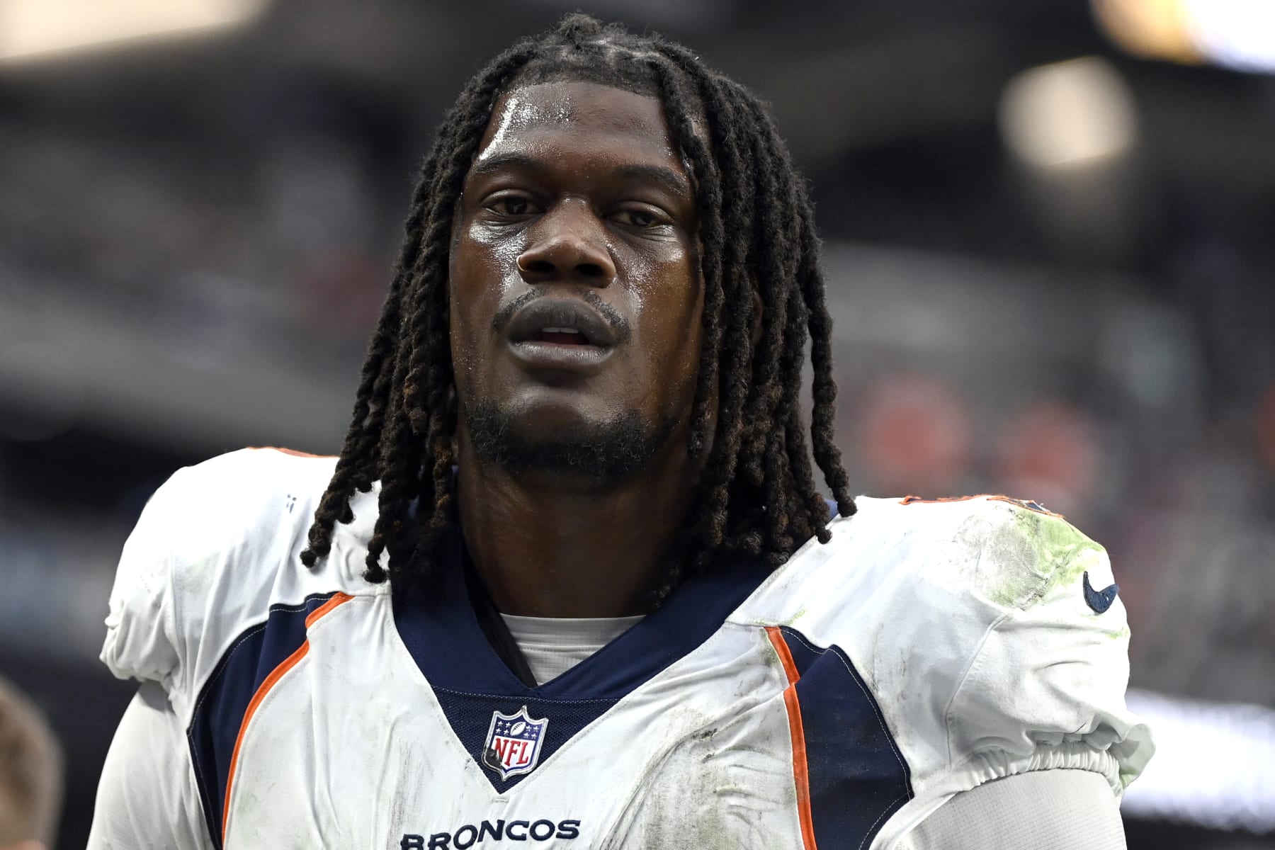 Denver Broncos linebacker Randy Gregory (5) looks on during an NFL football game against the Las Vegas Raiders Sunday, Oct. 2, 2022, in Las Vegas. (AP Photo/David Becker)
