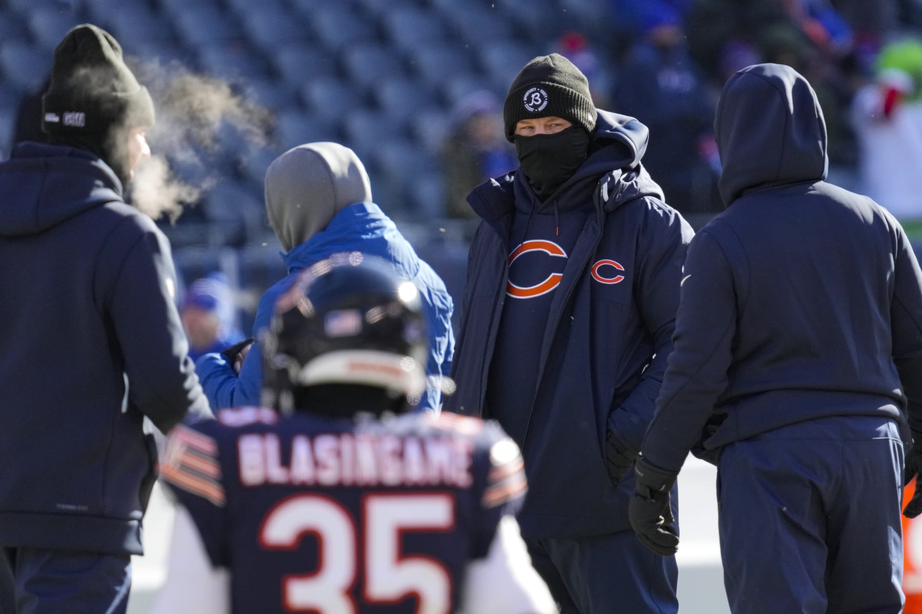 Chicago Bears head coach Matt Eberflus watches warms up before an NFL football game against the Buffalo Bills in Chicago, Saturday, Dec. 24, 2022. (AP Photo/Nam Y. Huh)