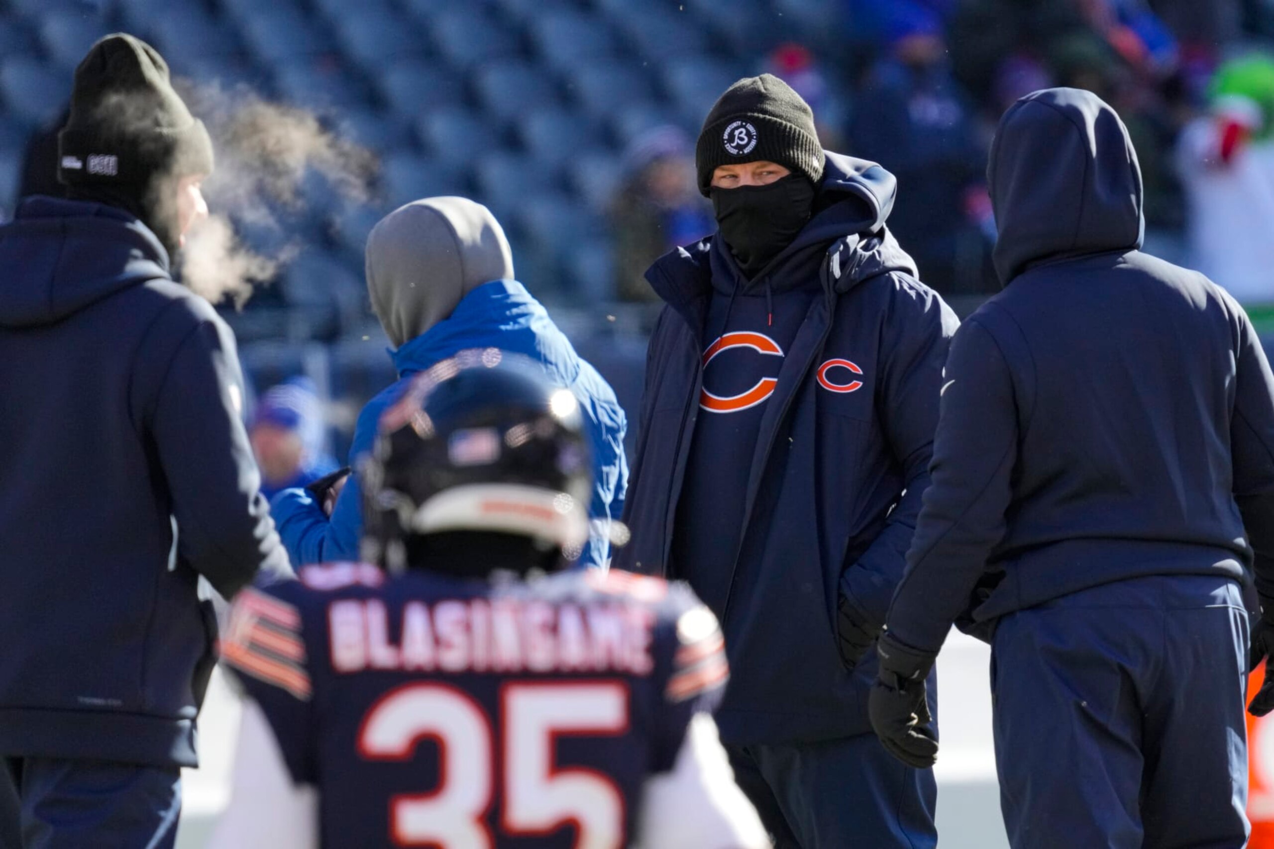 Chicago Bears head coach Matt Eberflus watches warms up before an NFL football game against the Buffalo Bills in Chicago, Saturday, Dec. 24, 2022. (AP Photo/Nam Y. Huh)