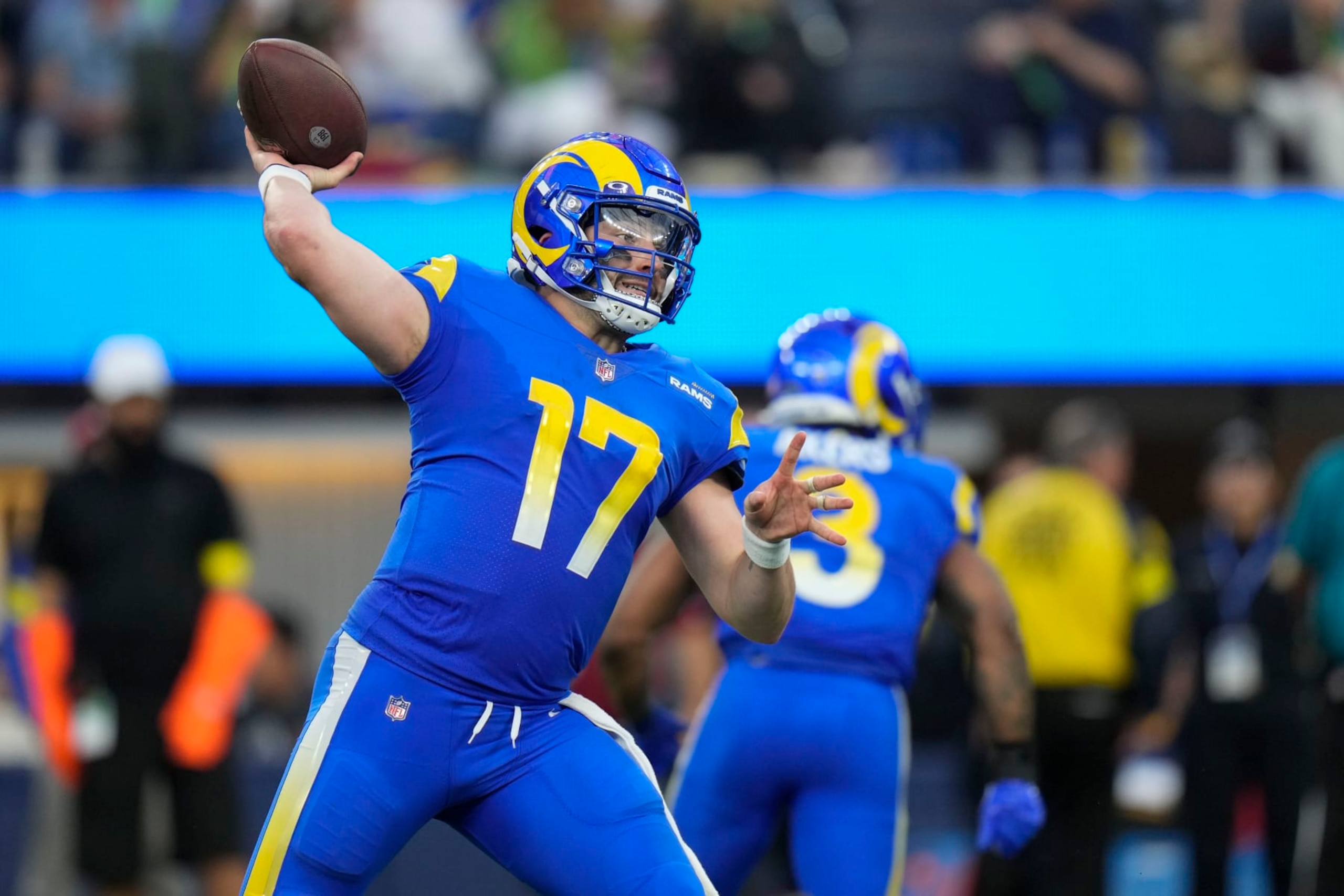 Los Angeles Rams quarterback Baker Mayfield passes during the second half of an NFL football game between the Los Angeles Rams and the Denver Broncos on Sunday, Dec. 25, 2022, in Inglewood, Calif. (AP Photo/Jae C. Hong)