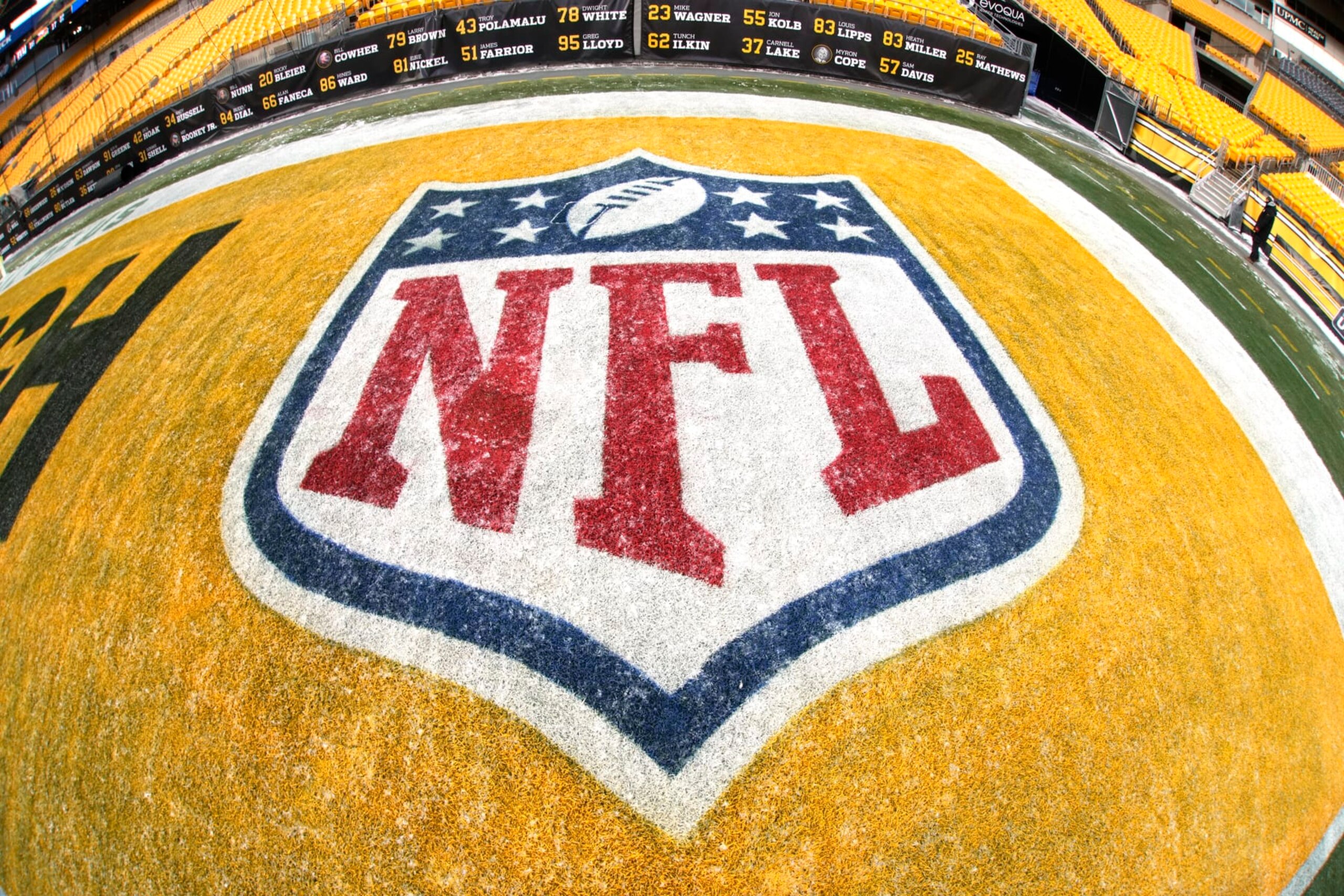 This is the NFL logo painted in the end zone in Acrisure Stadium before an NFL football game between the Pittsburgh Steelers and the Las Vegas Raiders in Pittsburgh, Saturday, Dec. 24, 2022. (AP Photo/Gene J. Puskar)