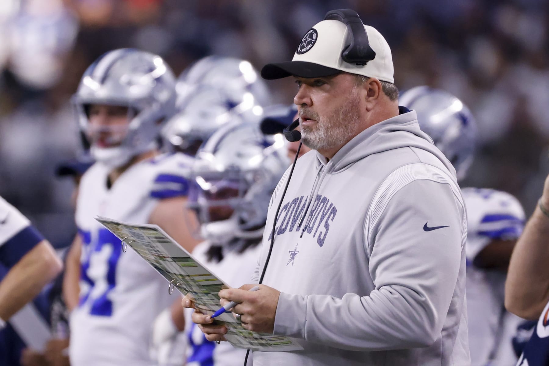 Dallas Cowboys head coach Mike McCarthy watches during the first half of an NFL football game against the Philadelphia Eagles Saturday, Dec. 24, 2022, in Arlington, Texas. (AP Photo/Ron Jenkins)