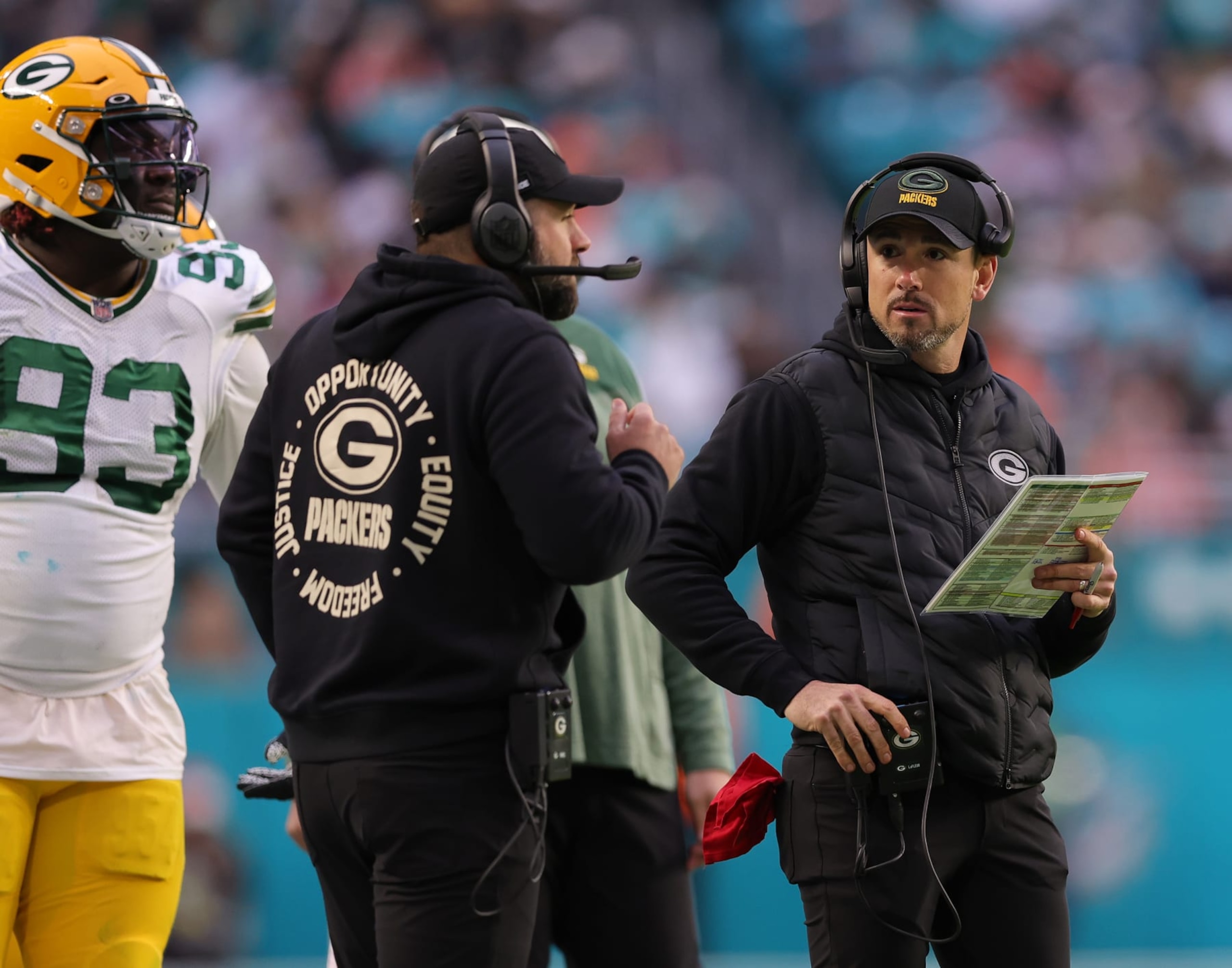MIAMI GARDENS, FLORIDA - DECEMBER 25: Head coach Matt LaFleur of the Green Bay Packers looks on during the second half of the game against the Miami Dolphins at Hard Rock Stadium on December 25, 2022 in Miami Gardens, Florida. (Photo by Megan Briggs/Getty Images)