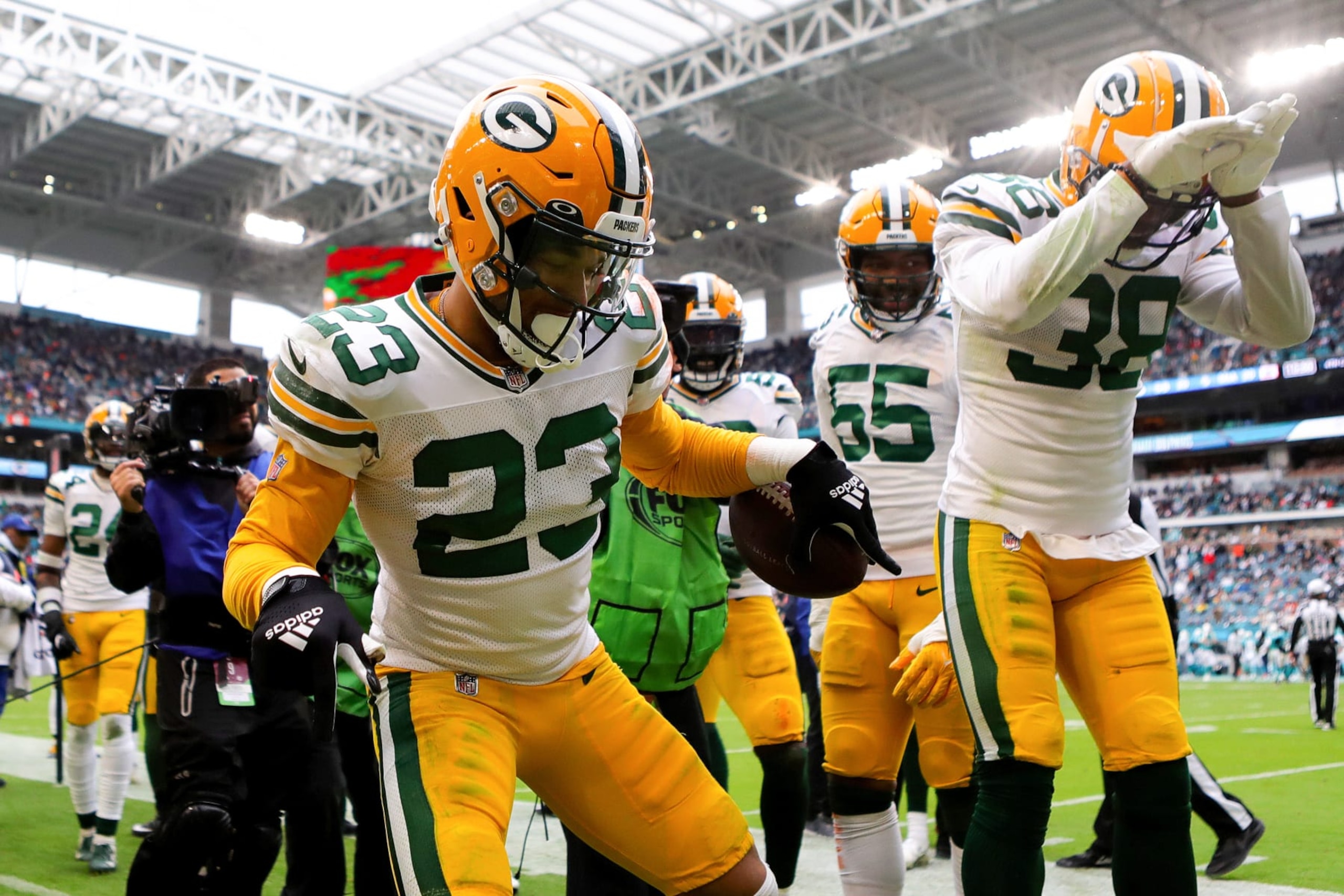MIAMI GARDENS, FLORIDA - DECEMBER 25: Jaire Alexander #23 of the Green Bay Packers celebrates after an interception against the Miami Dolphins during the fourth quarter of the game at Hard Rock Stadium on December 25, 2022 in Miami Gardens, Florida. (Photo by Megan Briggs/Getty Images)