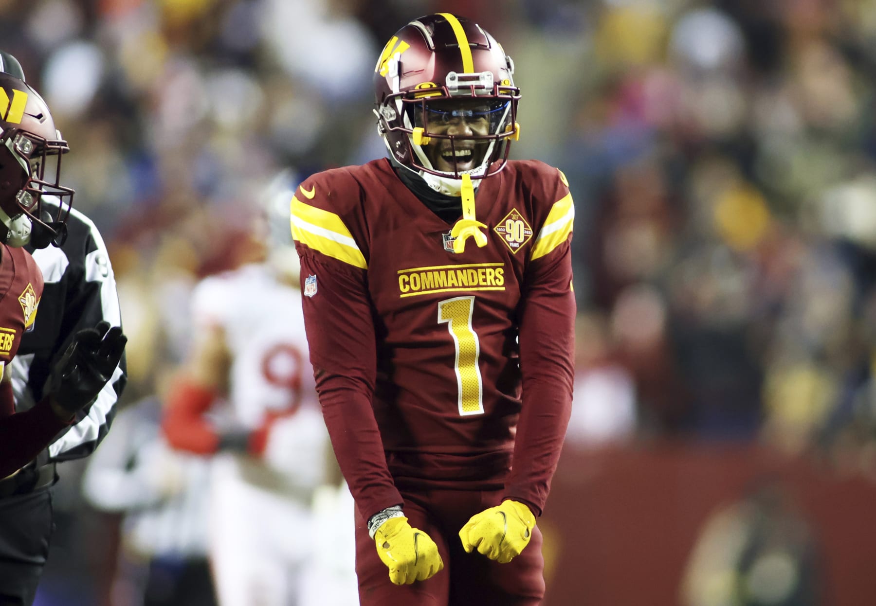 Washington Commanders wide receiver Jahan Dotson (1) celebrates during an NFL football game against the New York Giants, Sunday, December 12, 2022 in Landover. (AP Photo/Daniel Kucin Jr.)