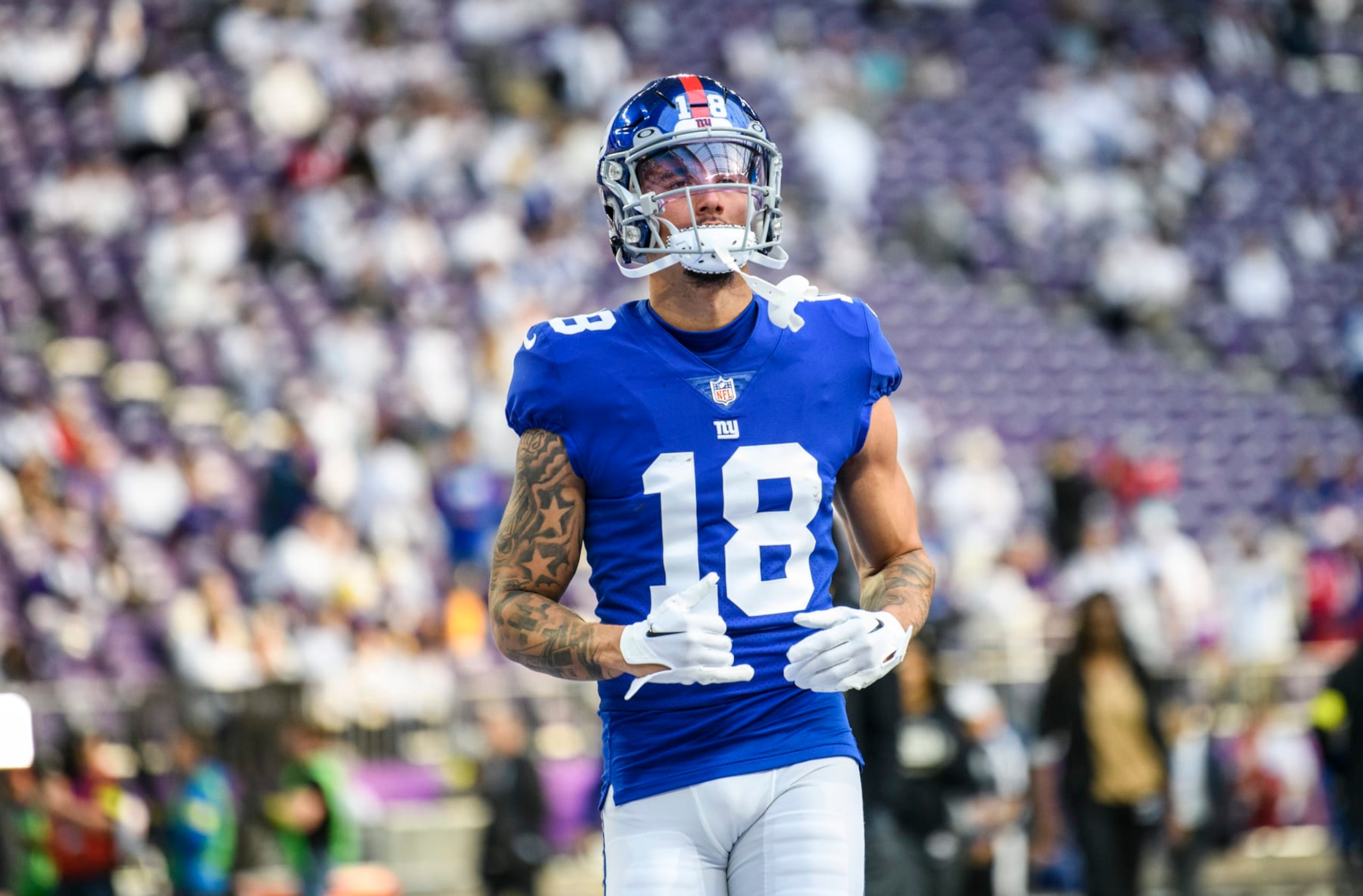 MINNEAPOLIS, MN - DECEMBER 24: Isaiah Hodgins #18 of the New York Giants warms up before the game against the Minnesota Vikings at U.S. Bank Stadium on December 24, 2022 in Minneapolis, Minnesota. (Photo by Stephen Maturen/Getty Images) MINNEAPOLIS, MN - DECEMBER 24: Isaiah Hodgins #18 of the New York Giants warms up before the game against the Minnesota Vikings at U.S. Bank Stadium on December 24, 2022 in Minneapolis, Minnesota. (Photo by Stephen Maturen/Getty Images)