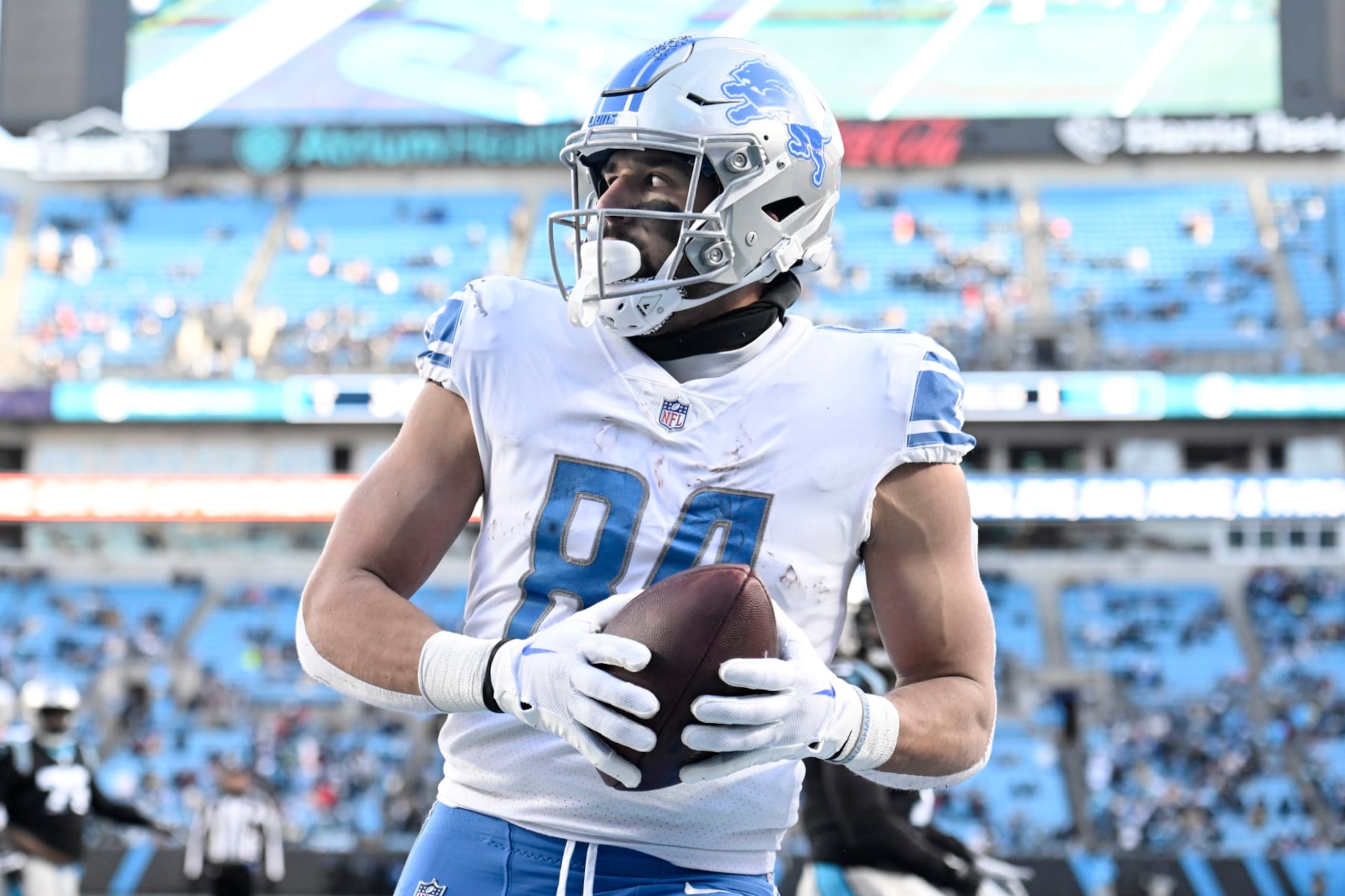 CHARLOTTE, NORTH CAROLINA - DECEMBER 24: Shane Zylstra #84 of the Detroit Lions celebrates after catching a pass for a touchdown during the fourth quarter of the game against the Carolina Panthers at Bank of America Stadium on December 24, 2022 in Charlotte, North Carolina. (Photo by Eakin Howard/Getty Images) CHARLOTTE, NORTH CAROLINA - DECEMBER 24: Shane Zylstra #84 of the Detroit Lions celebrates after catching a pass for a touchdown during the fourth quarter of the game against the Carolina Panthers at Bank of America Stadium on December 24, 2022 in Charlotte, North Carolina. (Photo by Eakin Howard/Getty Images)