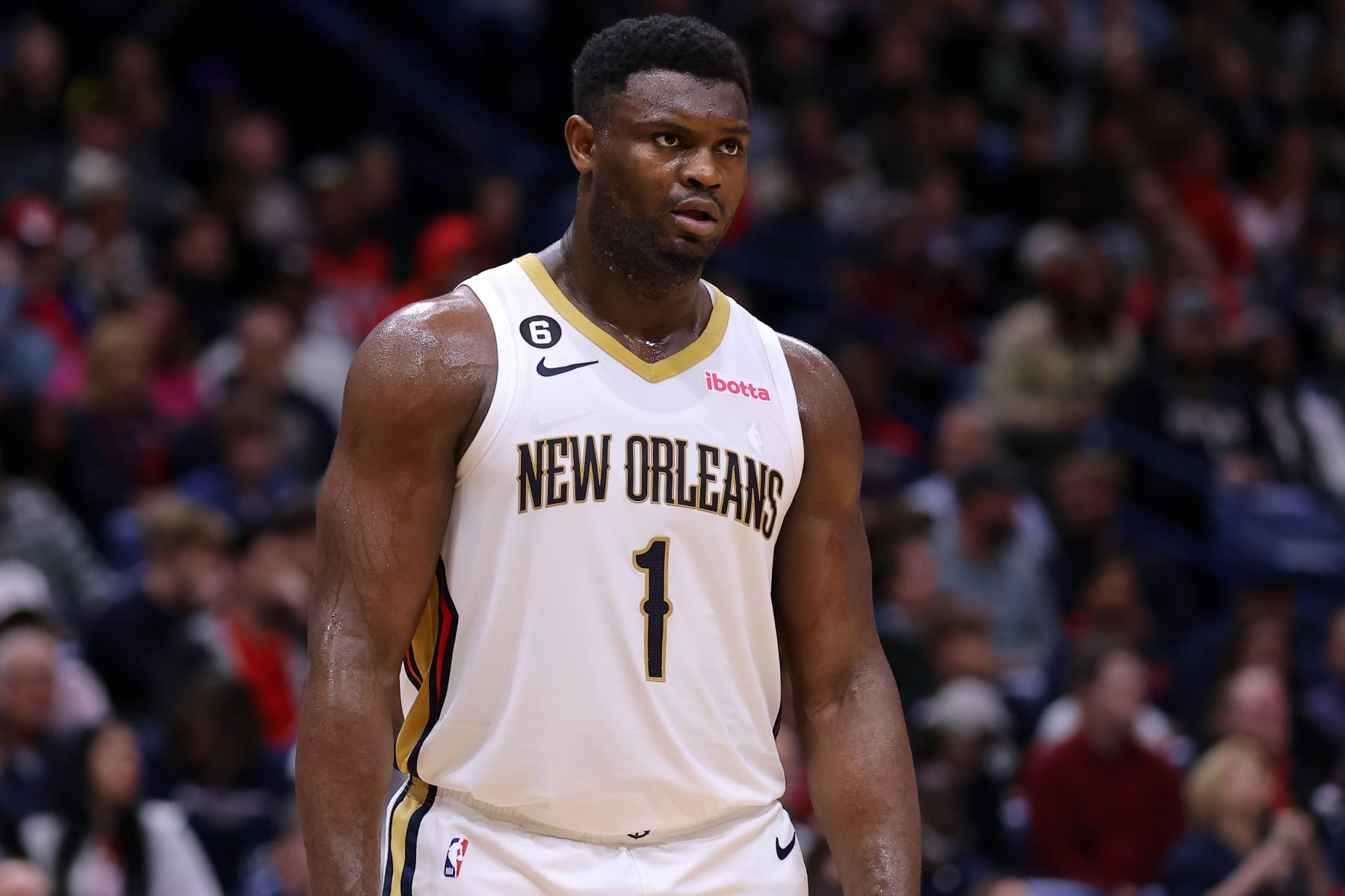 NEW ORLEANS, LOUISIANA - DECEMBER 19: Zion Williamson #1 of the New Orleans Pelicans reacts against the Milwaukee Bucks during a game at the Smoothie King Center on December 19, 2022 in New Orleans, Louisiana. NOTE TO USER: User expressly acknowledges and agrees that, by downloading and or using this Photograph, user is consenting to the terms and conditions of the Getty Images License Agreement. (Photo by Jonathan Bachman/Getty Images)