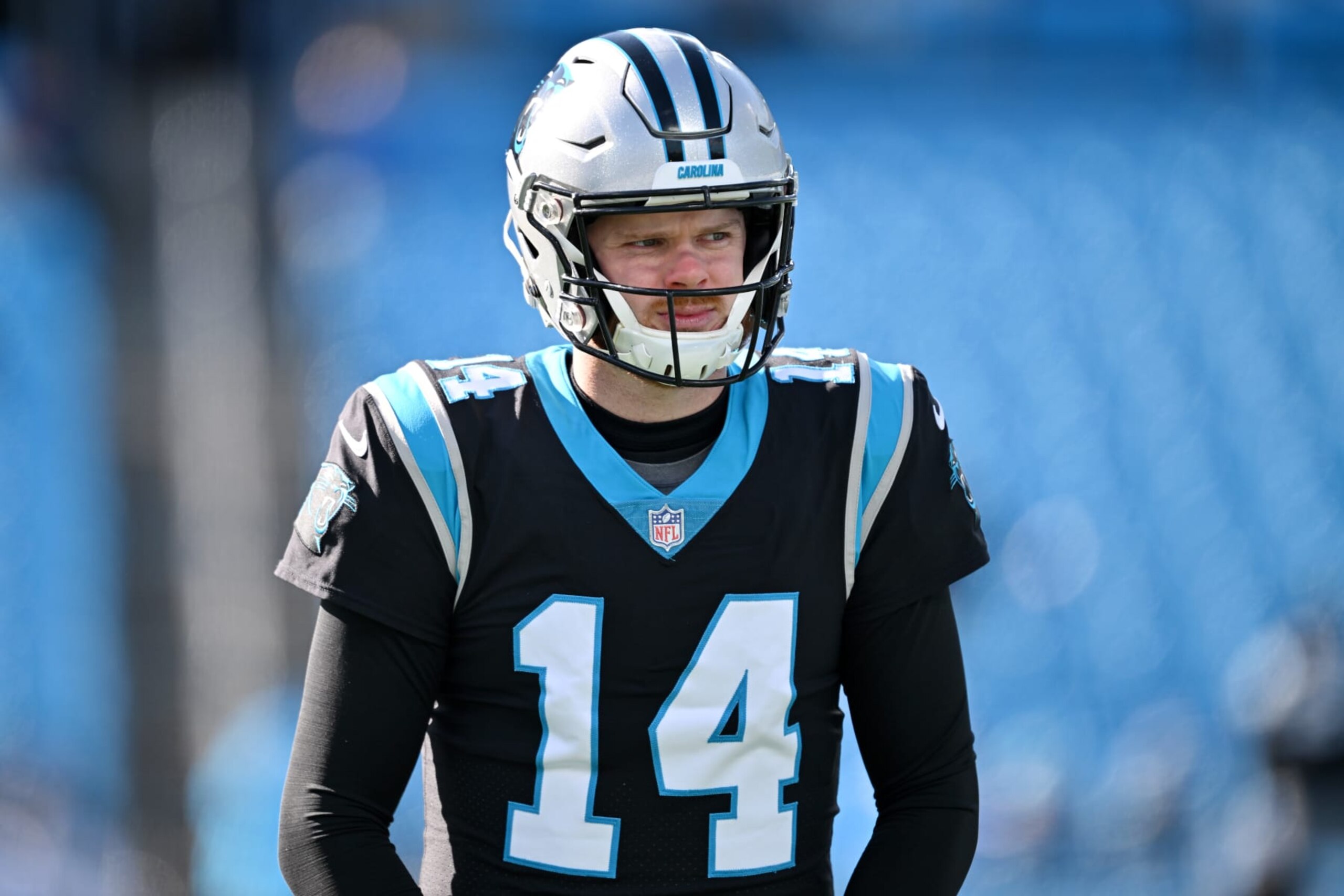 CHARLOTTE, NORTH CAROLINA - DECEMBER 24: Sam Darnold #14 of the Carolina Panthers looks on prior to the game against the Detroit Lions at Bank of America Stadium on December 24, 2022 in Charlotte, North Carolina. (Photo by Grant Halverson/Getty Images)