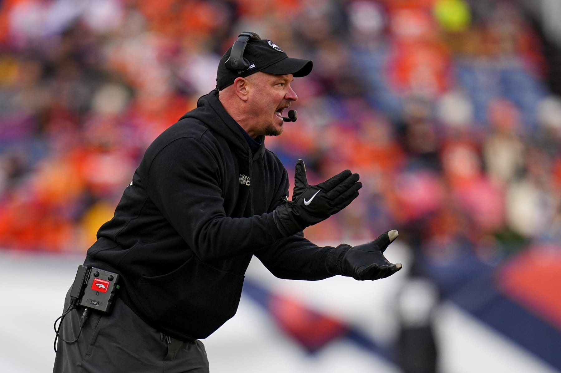 Denver Broncos head coach Nathaniel Hackett reacts against the Arizona Cardinals during the first half of an NFL football game Sunday, Dec. 18, 2022, in Denver. (AP Photo/Jack Dempsey)