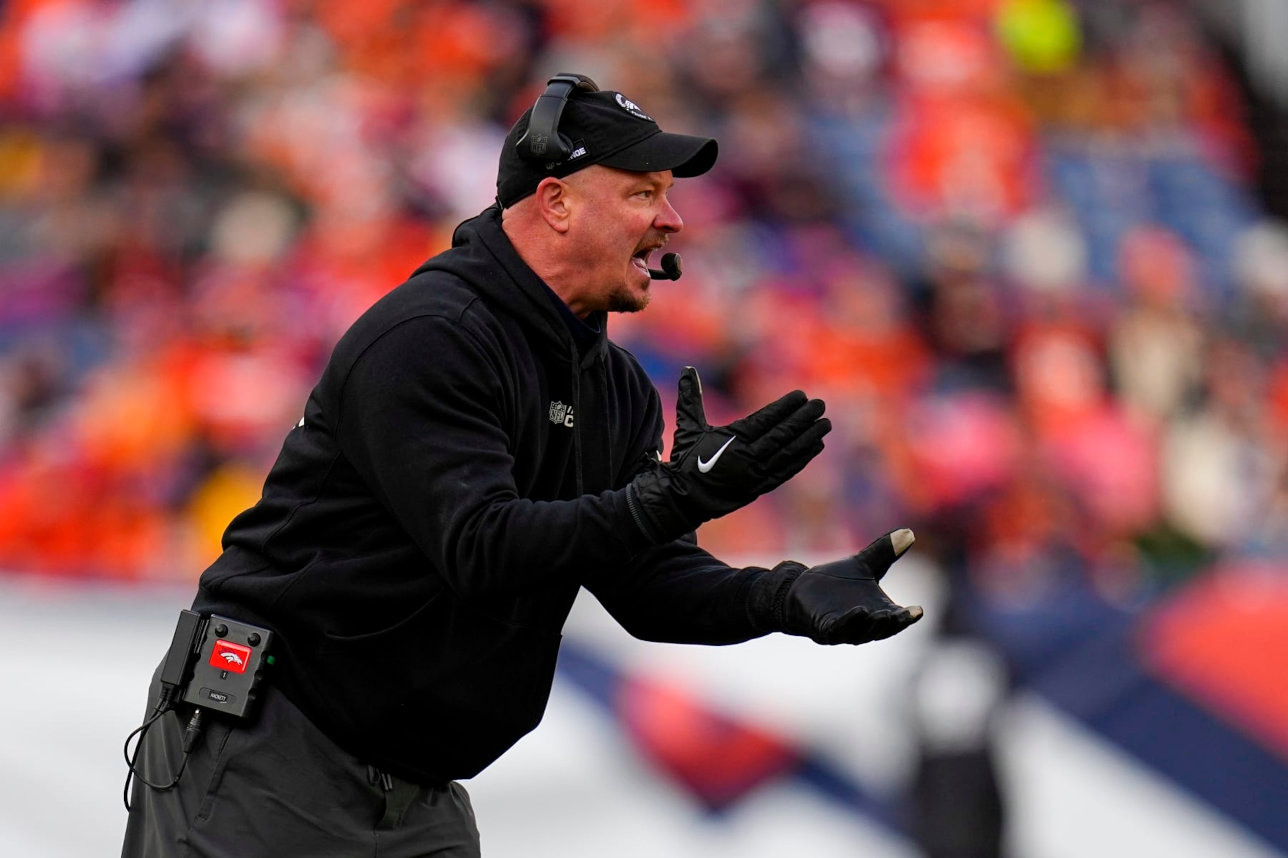 Denver Broncos head coach Nathaniel Hackett reacts against the Arizona Cardinals during the first half of an NFL football game Sunday, Dec. 18, 2022, in Denver. (AP Photo/Jack Dempsey)