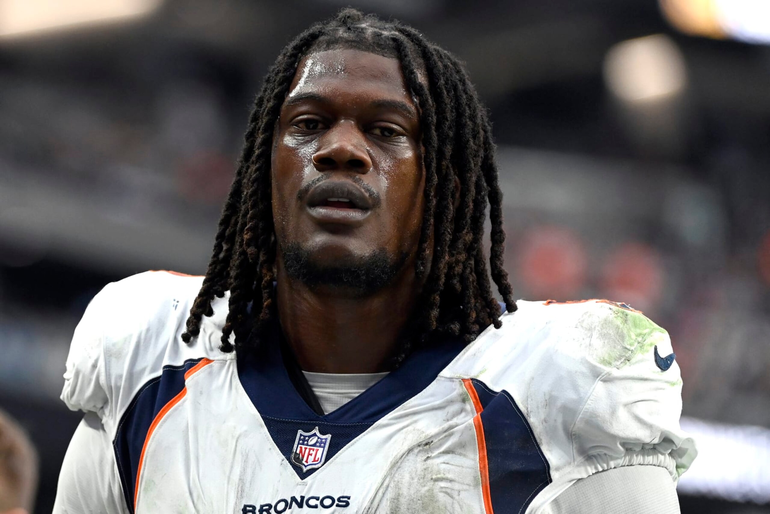Denver Broncos linebacker Randy Gregory (5) looks on during an NFL football game against the Las Vegas Raiders Sunday, Oct. 2, 2022, in Las Vegas. (AP Photo/David Becker)