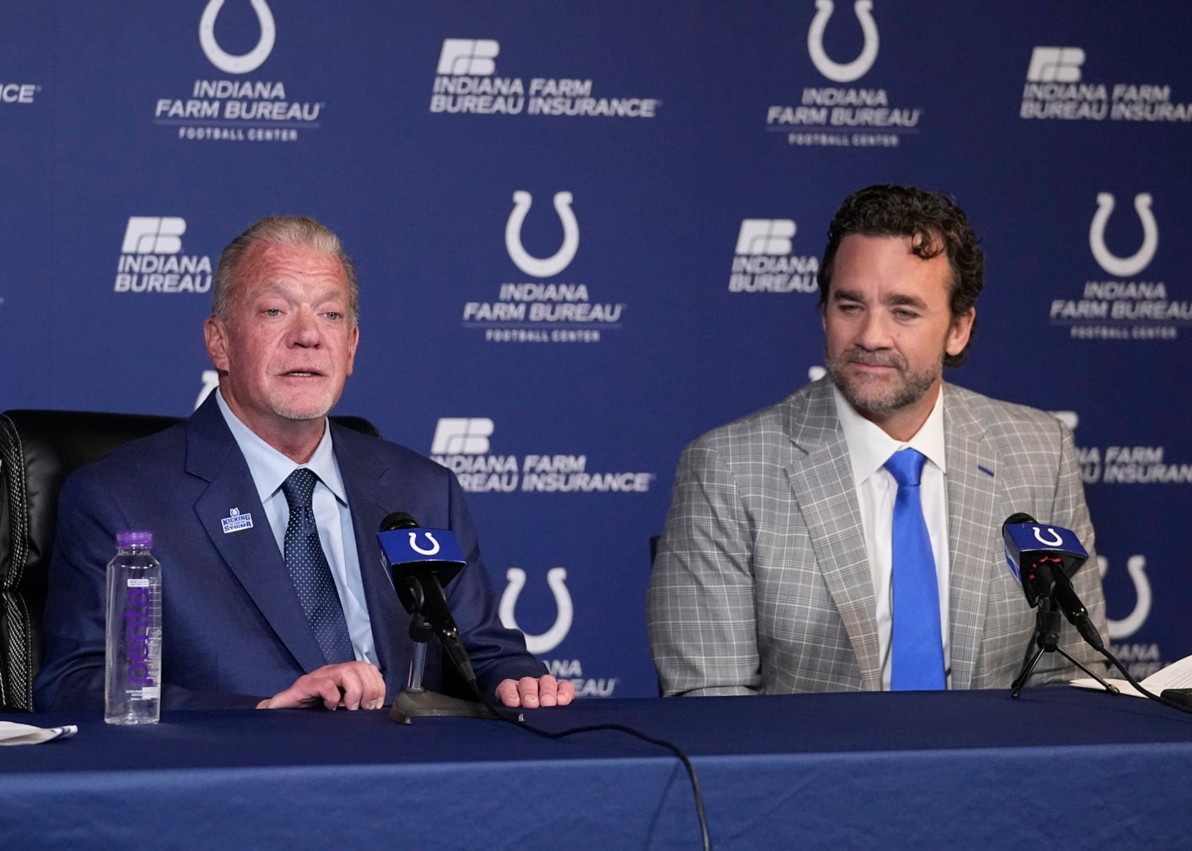 Indianapolis Colts owner Jim Irsay, left, speaks as interim coach Jeff Saturday listens during a news conference at the NFL football team's practice facility Monday, Nov. 7, 2022, in Indianapolis. (AP Photo/Darron Cummings) Indianapolis Colts owner Jim Irsay, left, speaks as interim coach Jeff Saturday listens during a news conference at the NFL football team's practice facility Monday, Nov. 7, 2022, in Indianapolis. (AP Photo/Darron Cummings)
