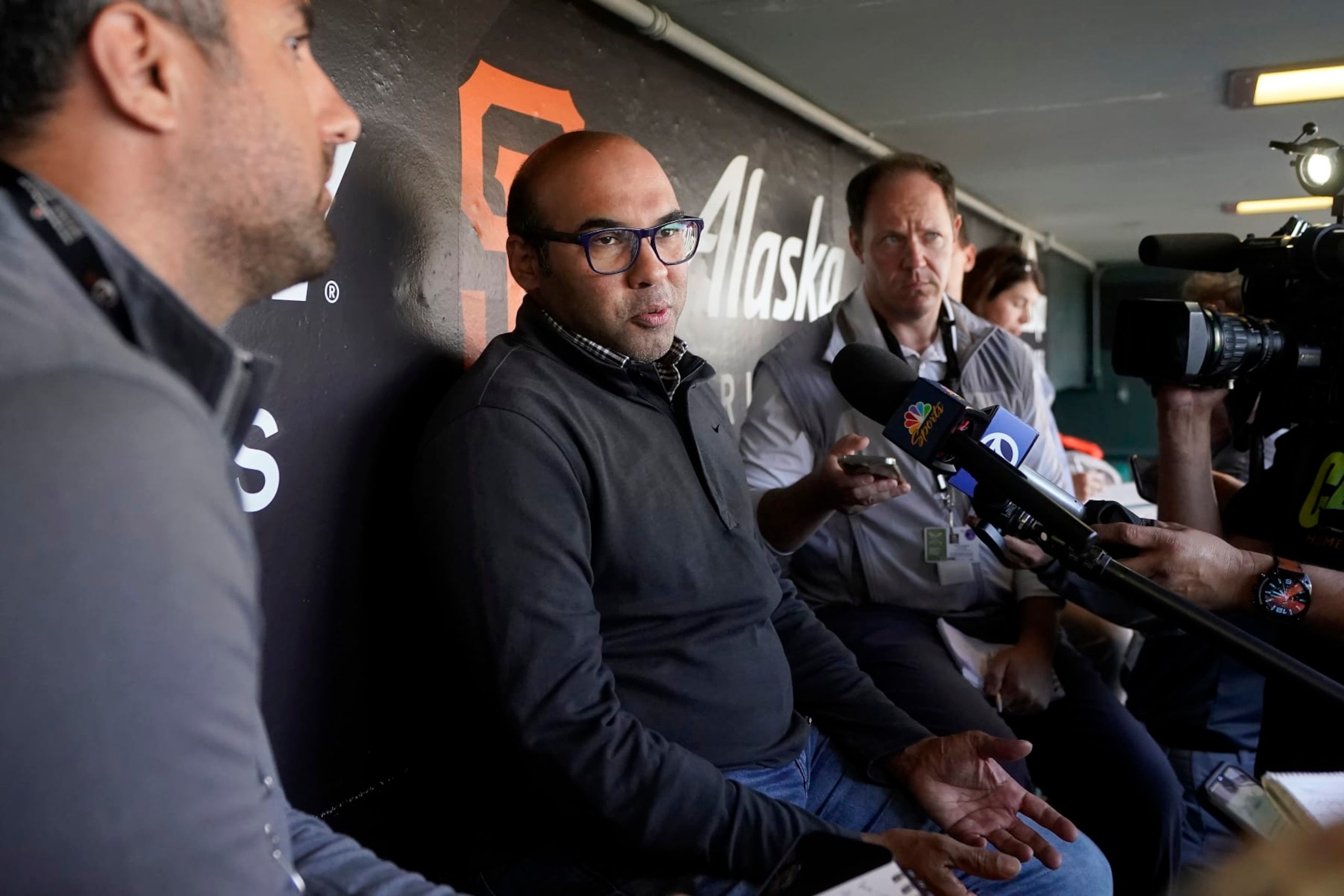 San Francisco Giants president of baseball operations Farhan Zaidi speaks to reporters before a baseball game between the Giants and the Los Angeles Dodgers in San Francisco, Tuesday, Aug. 2, 2022. (AP Photo/Jeff Chiu)