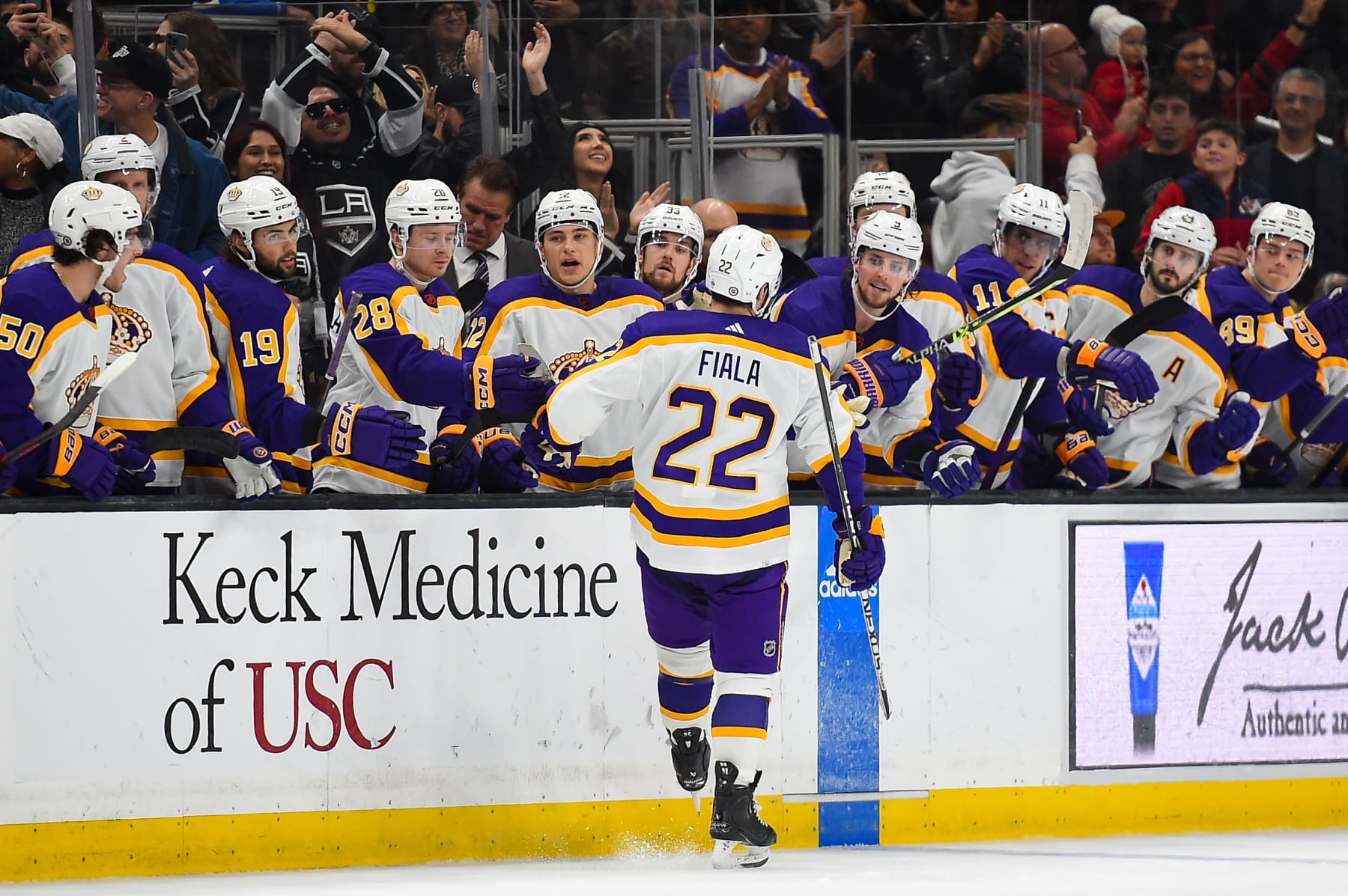 LOS ANGELES, CA - DECEMBER 17:  Kevin Fiala #22 of the Los Angeles Kings celebrates his goal with teammates during overtime against the San Jose Sharks at Crypto.com Arena on December 17, 2022 in Los Angeles, California.  (Photo by Kelly Smiley/NHLI via Getty Images)