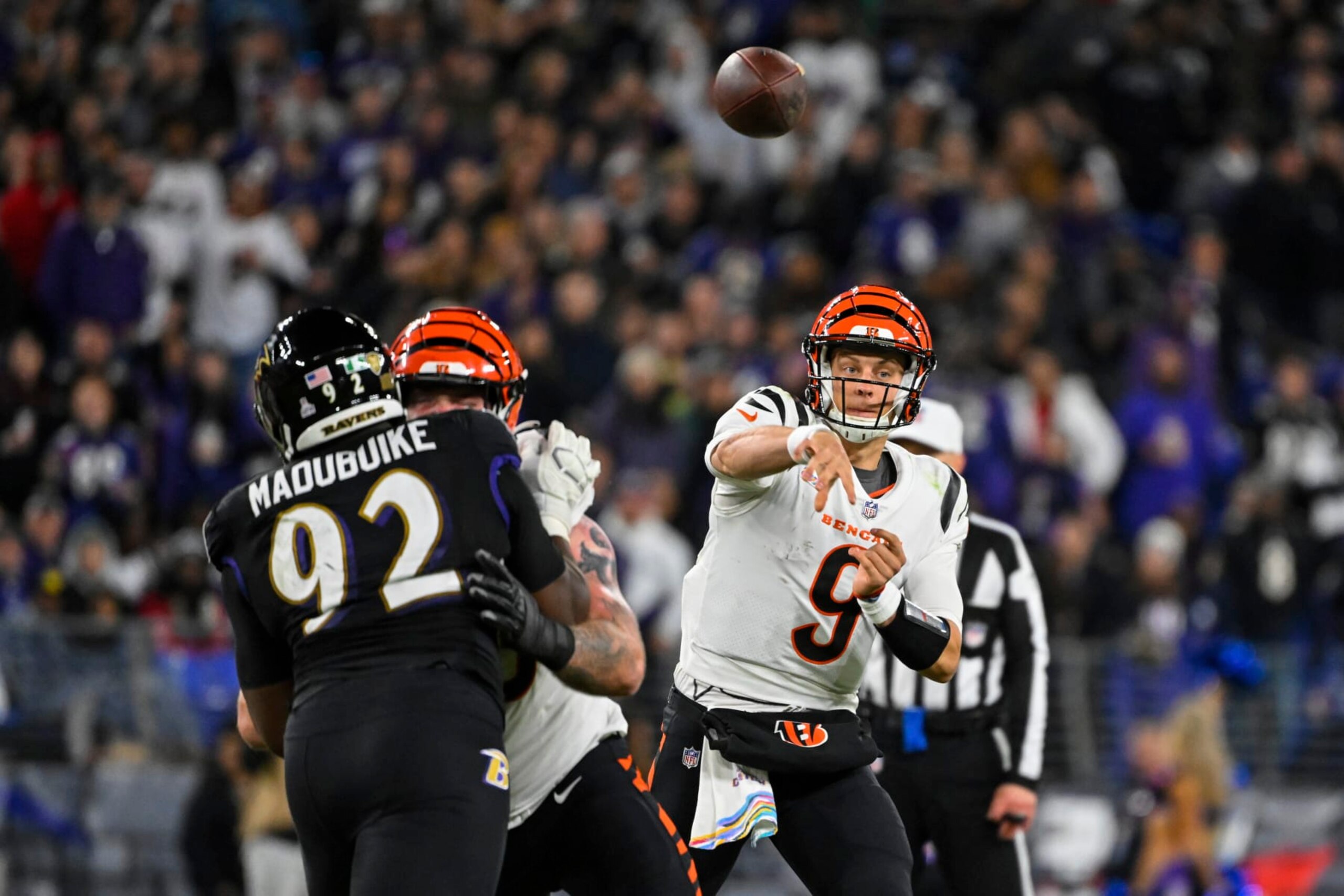 Cincinnati Bengals quarterback Joe Burrow (9) throws the ball during the second half of a NFL football game against the Baltimore Ravens, Sunday, Oct. 9, 2022, in Baltimore. (AP Photo/Terrance Williams) Cincinnati Bengals quarterback Joe Burrow (9) throws the ball during the second half of a NFL football game against the Baltimore Ravens, Sunday, Oct. 9, 2022, in Baltimore. (AP Photo/Terrance Williams)