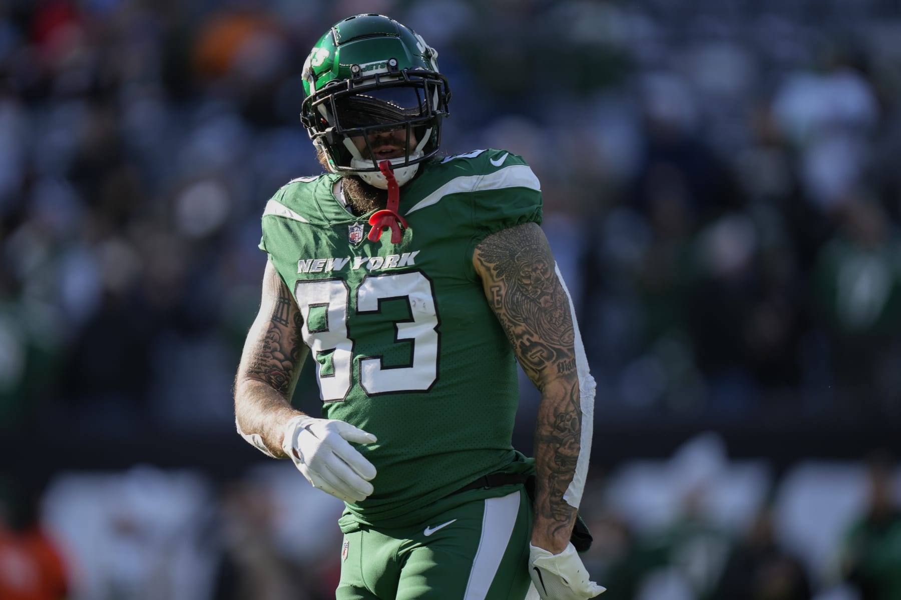 New York Jets tight end Tyler Conklin (83) warms up before playing against the Detroit Lions in an NFL football game, Sunday, Dec. 18, 2022, in East Rutherford, N.J. (AP Photo/Bryan Woolston)