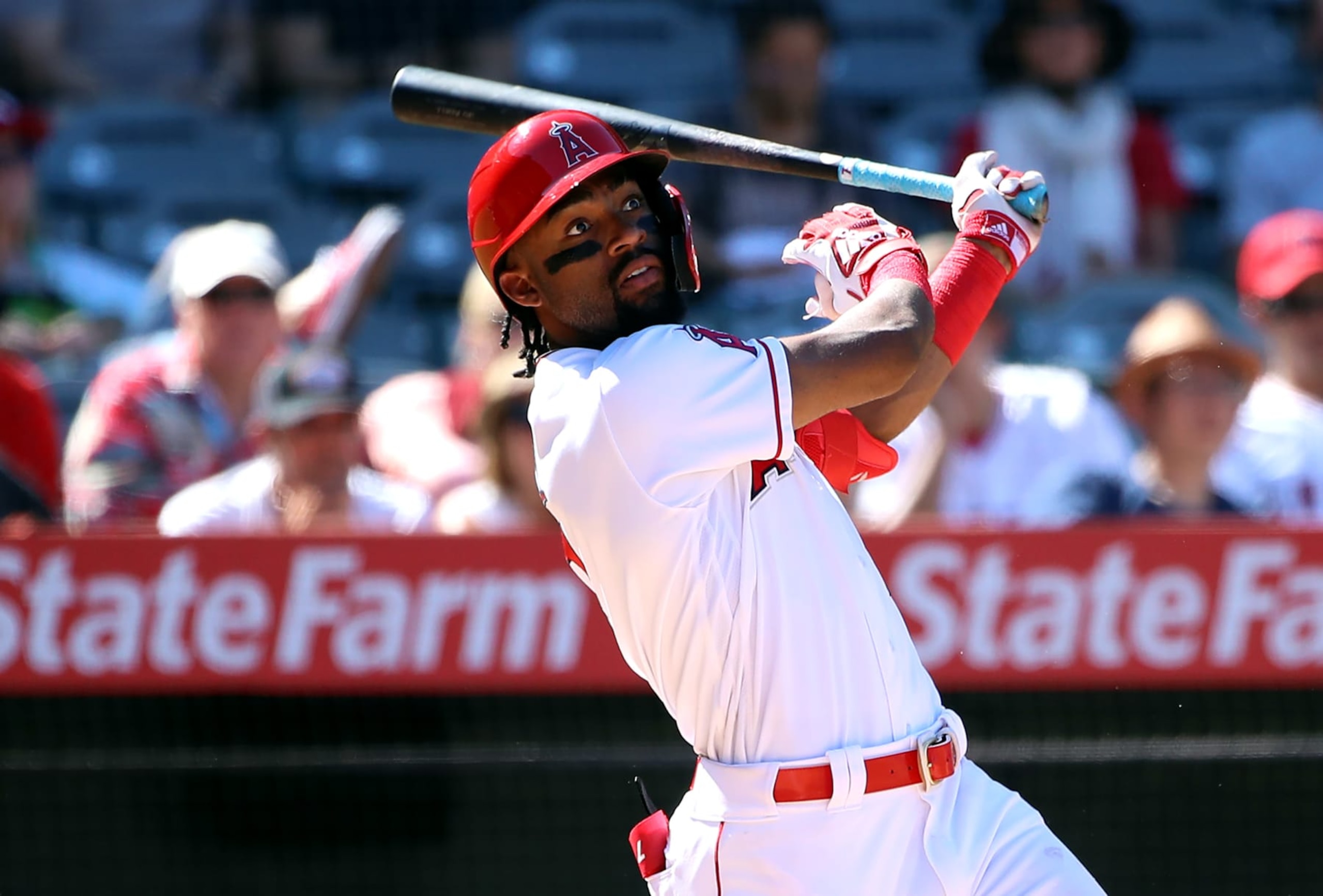 ANAHEIM, CALIFORNIA - SEPTEMBER 05: Jo Adell #7 of the Los Angeles Angels hits a two run home run during the sixth inning against the Texas Rangers at Angel Stadium of Anaheim on September 05, 2021 in Anaheim, California. (Photo by Katelyn Mulcahy/Getty Images)