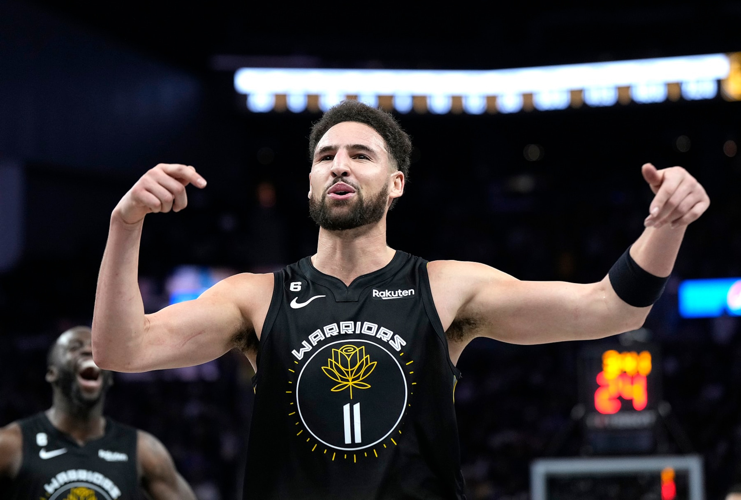SAN FRANCISCO, CALIFORNIA - DECEMBER 25: Klay Thompson #11 of the Golden State Warriors reacts after he was called for a technical foul against the Memphis Grizzlies during the fouth quarter at Chase Center on December 25, 2022 in San Francisco, California. NOTE TO USER: User expressly acknowledges and agrees that, by downloading and or using this photograph, User is consenting to the terms and conditions of the Getty Images License Agreement. (Photo by Thearon W. Henderson/Getty Images)