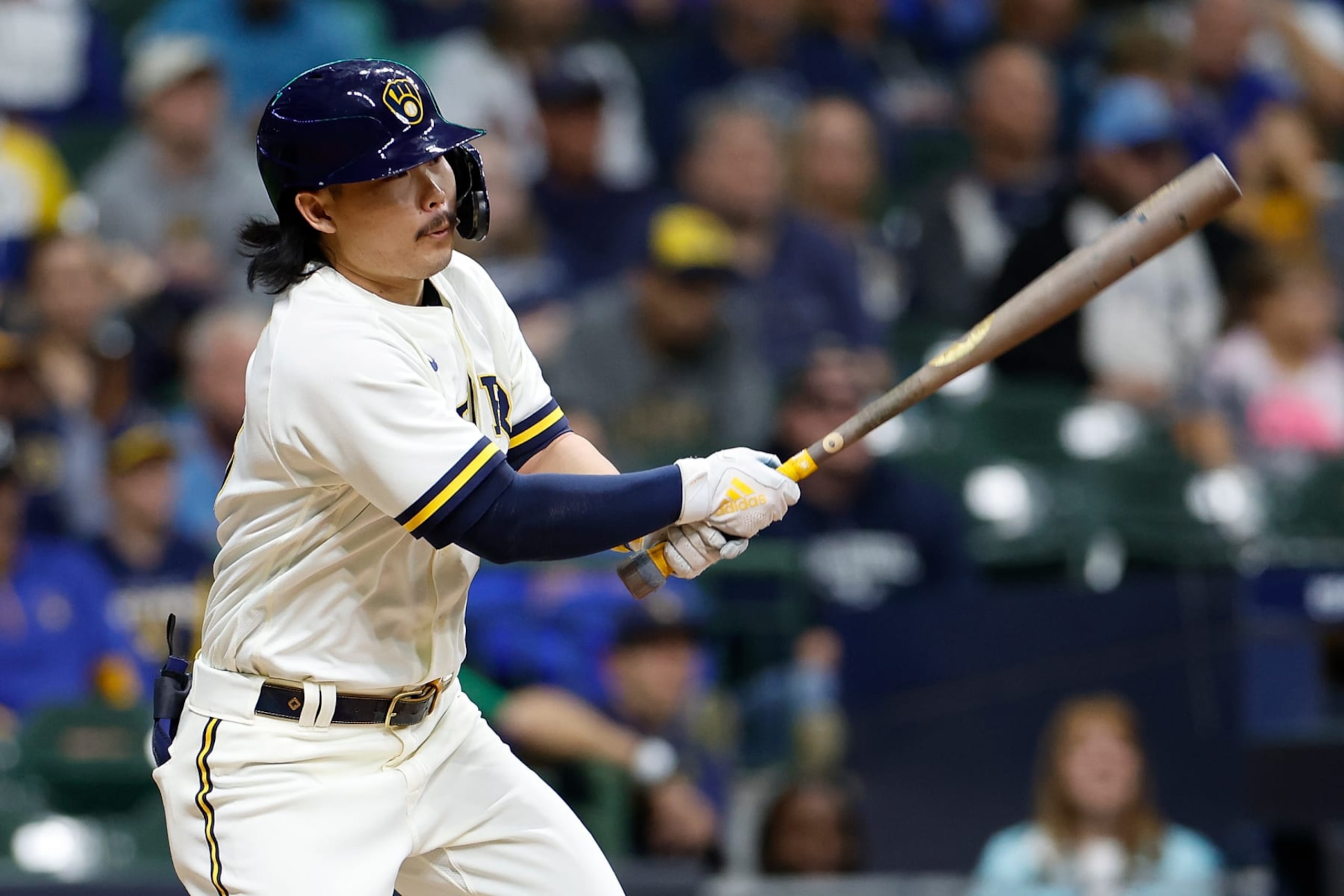 MILWAUKEE, WISCONSIN - SEPTEMBER 29: Keston Hiura #18 of the Milwaukee Brewers singles in a run in the second inning against the Miami Marlins at American Family Field on September 29, 2022 in Milwaukee, Wisconsin. (Photo by John Fisher/Getty Images)