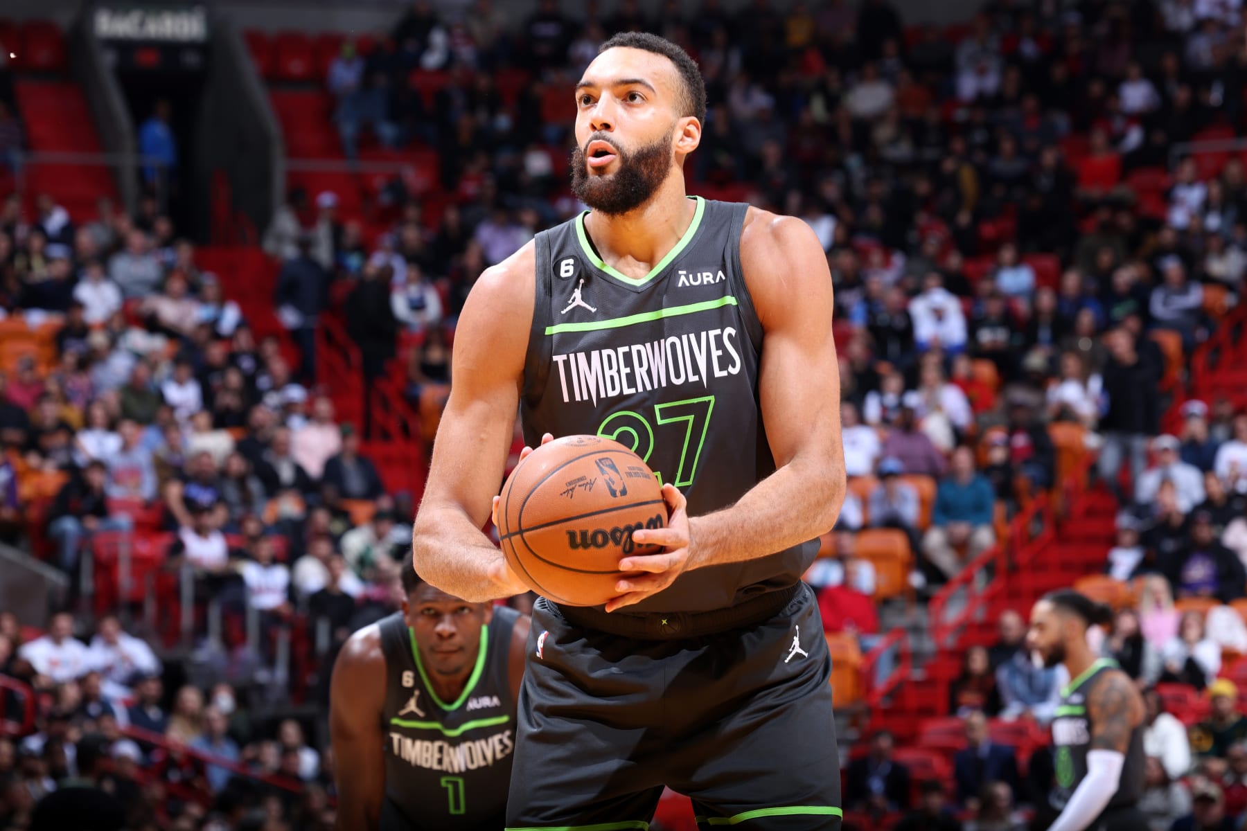 MIAMI, FL - DECEMBER 26: Rudy Gobert #27 of the Minnesota Timberwolves prepares to shoot a free throw during the game against the Miami Heat on December 26, 2022 at FTX Arena in Miami, Florida. NOTE TO USER: User expressly acknowledges and agrees that, by downloading and or using this Photograph, user is consenting to the terms and conditions of the Getty Images License Agreement. Mandatory Copyright Notice: Copyright 2022 NBAE (Photo by Jeff Haynes/NBAE via Getty Images) MIAMI, FL - DECEMBER 26: Rudy Gobert #27 of the Minnesota Timberwolves prepares to shoot a free throw during the game against the Miami Heat on December 26, 2022 at FTX Arena in Miami, Florida. NOTE TO USER: User expressly acknowledges and agrees that, by downloading and or using this Photograph, user is consenting to the terms and conditions of the Getty Images License Agreement. Mandatory Copyright Notice: Copyright 2022 NBAE (Photo by Jeff Haynes/NBAE via Getty Images)