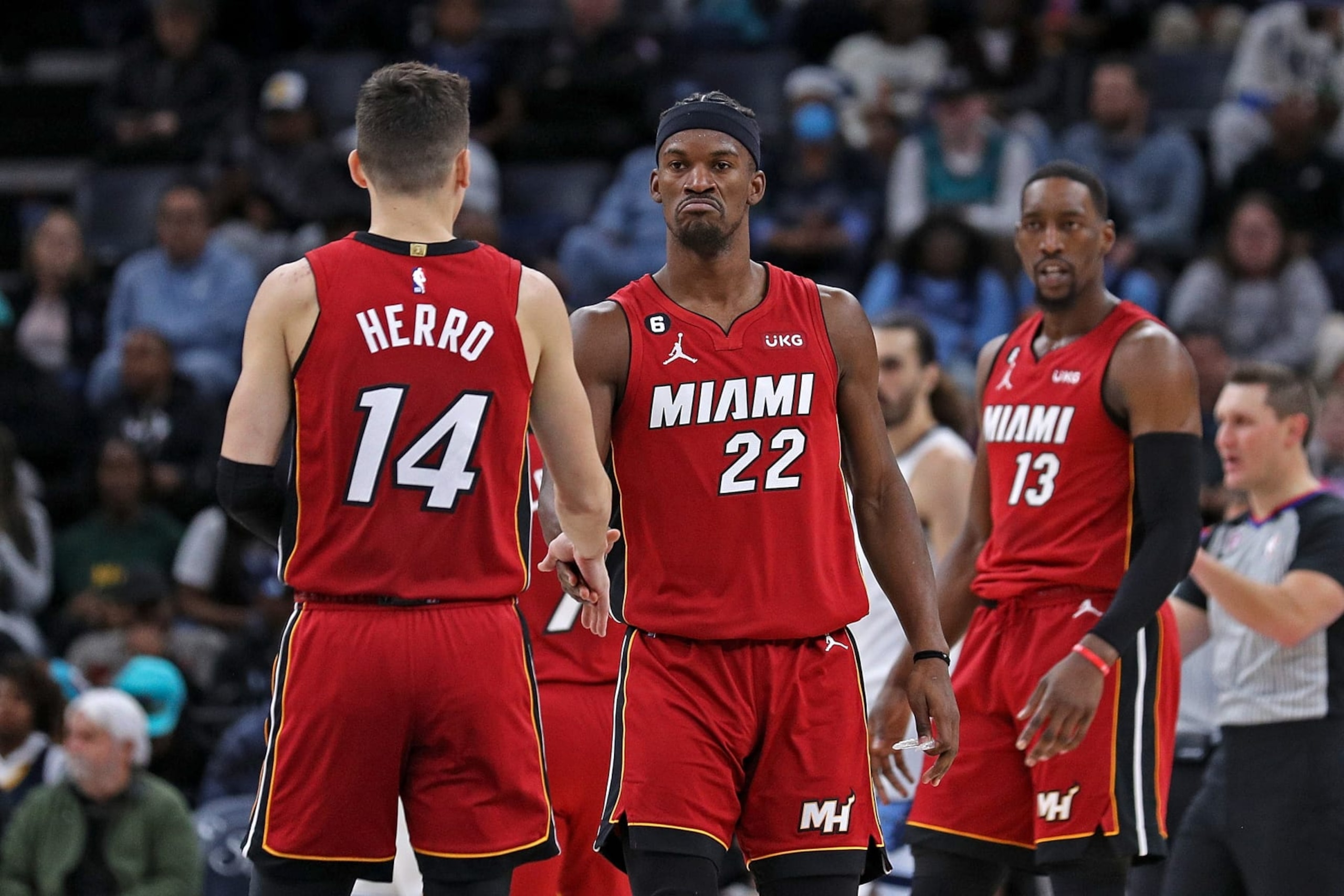 Tyler Herro (left), Jimmy Butler and Bam Adebayo Tyler Herro (left), Jimmy Butler and Bam Adebayo
