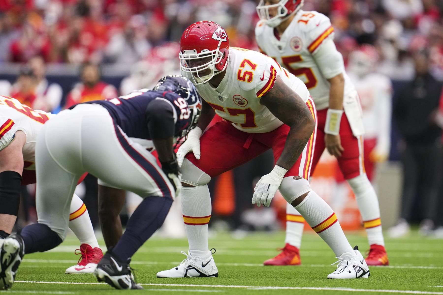 HOUSTON, TX - DECEMBER 18: Orlando Brown Jr. #57 of the Kansas City Chiefs gets set against the Houston Texans at NRG Stadium on December 18, 2022 in Houston, Texas. (Photo by Cooper Neill/Getty Images)