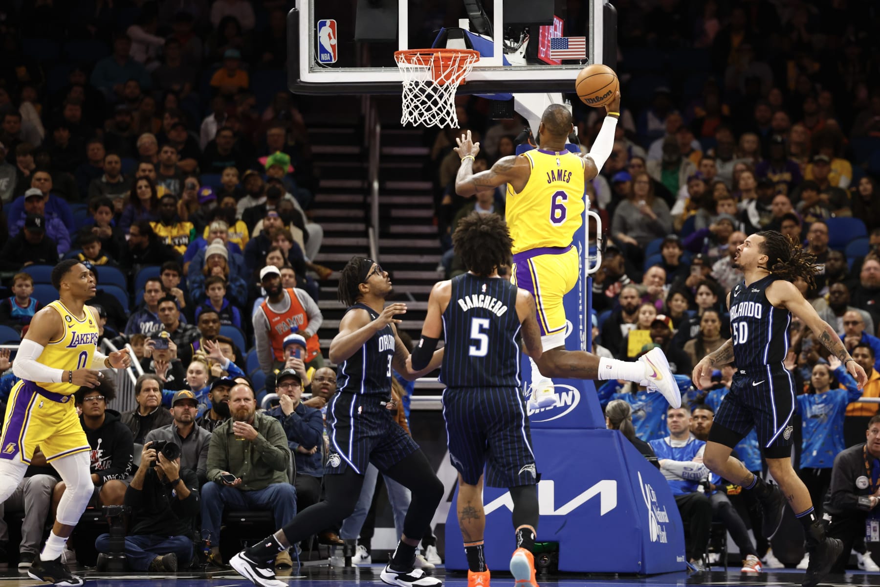 ORLANDO, FLORIDA - DECEMBER 27: LeBron James #6 of the Los Angeles Lakers lays the ball up against the Orlando Magic during the first quarter at Amway Center on December 27, 2022 in Orlando, Florida. NOTE TO USER: User expressly acknowledges and agrees that, by downloading and or using this photograph, User is consenting to the terms and conditions of the Getty Images License Agreement. (Photo by Douglas P. DeFelice/Getty Images)